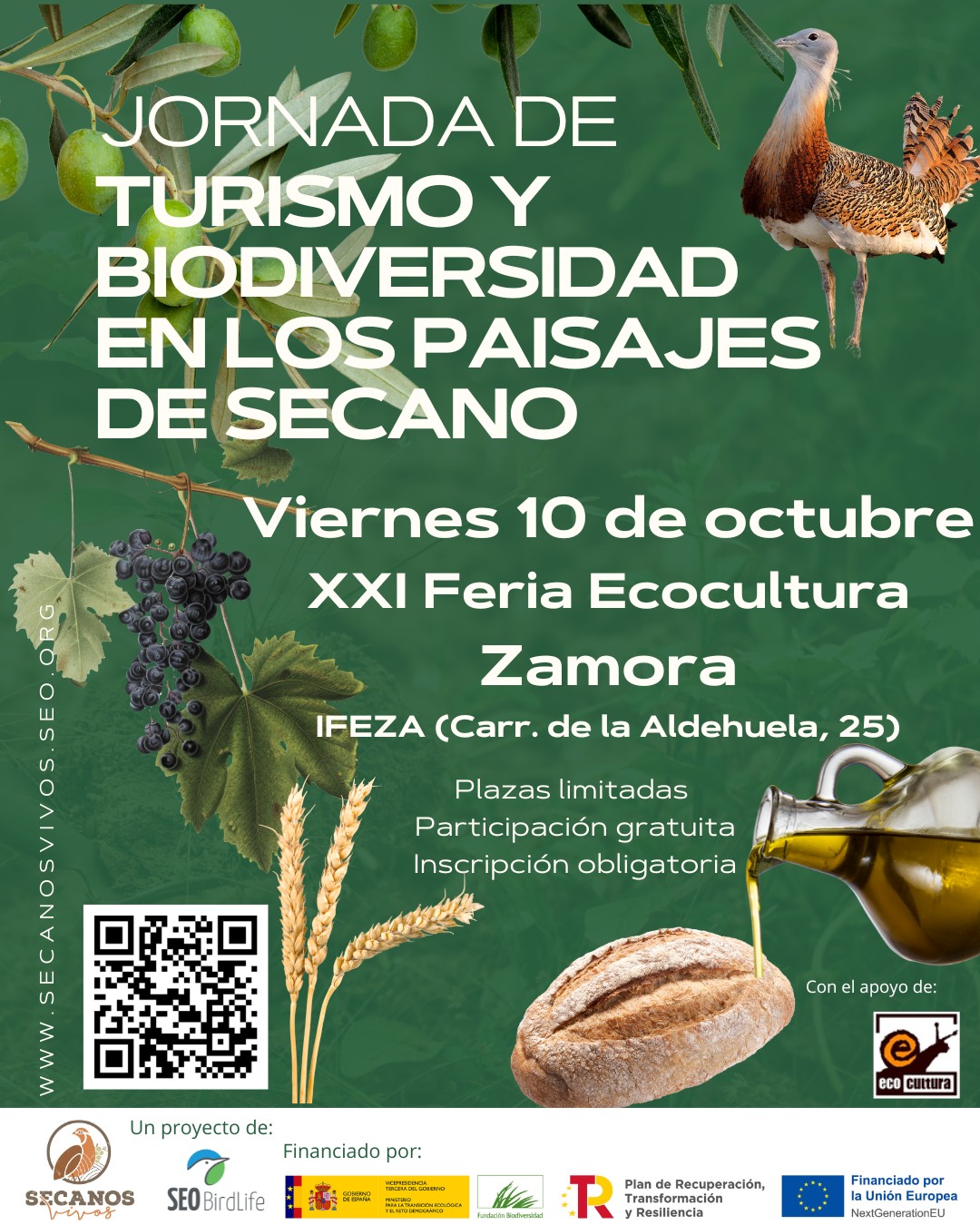 El próximo viernes 10 de octubre, tendrá lugar en IFEZA la Jornada “Turismo y biodiversidad en los paisajes de secano”.
En ella podrás conocer, reflexionar e inspirarte en el valor de los paisajes de secano, biodiversidad y potencial turístico.
Más info:
https://docs.google.com/forms/d/e/1FAIpQLSfOvTgQbX6HTBjw7SC30XZXrvVoz1eqtwmtNcks8dsk8bkuvA/viewform?pli=1