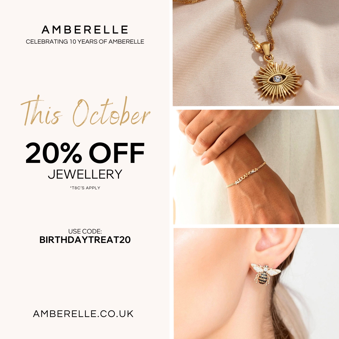 ๐ Amberelle is turning 10 this October, and weโre celebrating with a sparkling treat just for you! Enjoy 20% off all jewellery throughout the month โ the perfect chance to add timeless pieces to your collection. โจ Simply use code BIRTHDAYTREAT20 at checkout and celebrate in style!