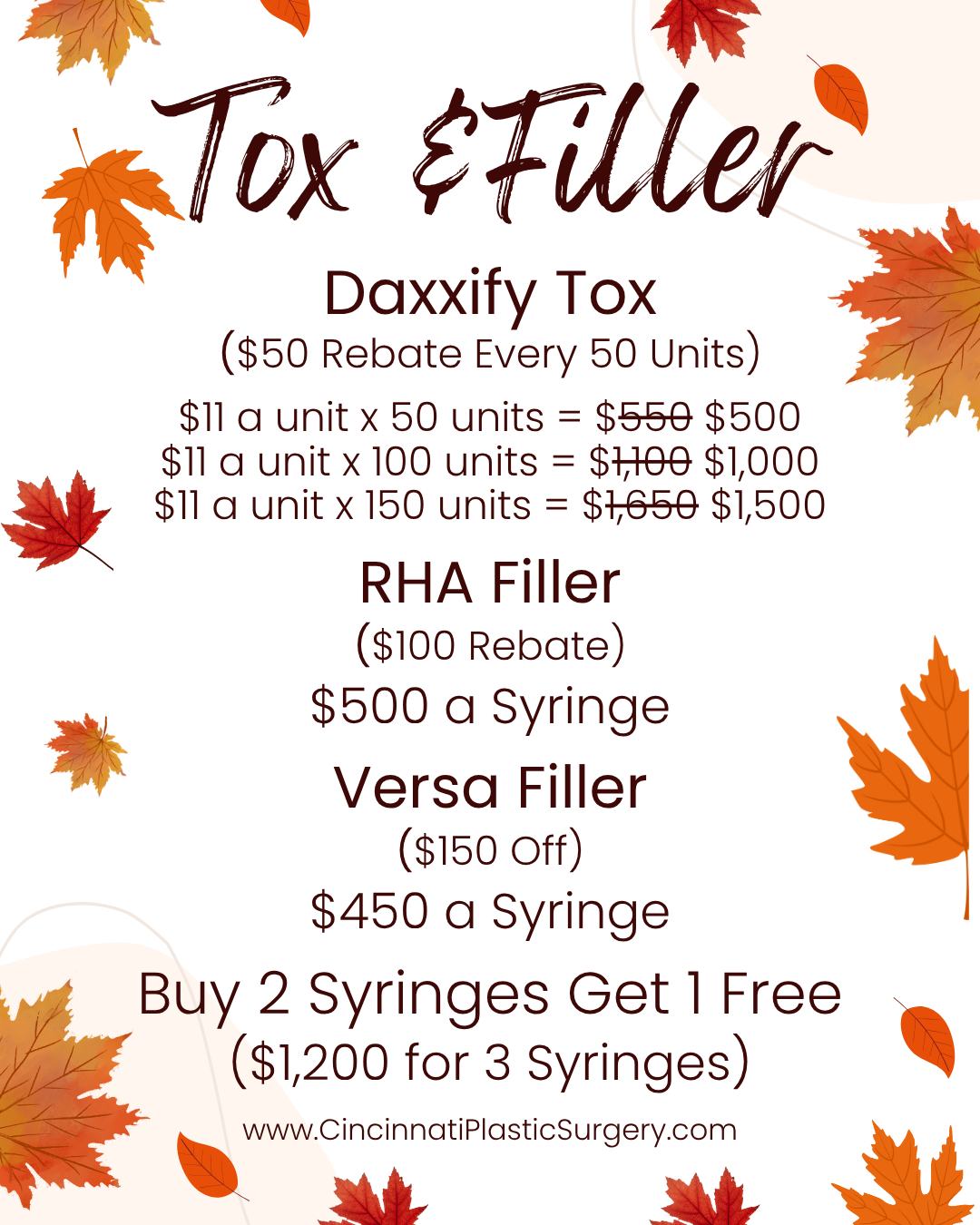 🍂✨ October Specials Are Here! ✨🍂
Refresh your look this season with our Tox & Filler specials at Cincinnati Plastic Surgery:
💉 Daxxify Tox – $11/unit + $50 rebate every 50 units
💋 RHA Filler – Only $500 a syringe (includes $100 rebate)
🌟 Versa Filler – Just $450 a syringe ($150 off!)
🎁 Buy 2 Syringes, Get 1 Free – $1,200 for 3 syringes
Fall into flawless results this October — limited time only while supplies lasts! 🍁
Call us today to schedule your appointment!
📞 513-469-0300
🌐 www.CincinnatiPlasticSurgery.com
#CincinnatiPlasticSurgery #OctoberSpecials #FallIntoBeauty #ToxAndFiller #PlasticSurgery #Medspa #CincinnatiAesthetics