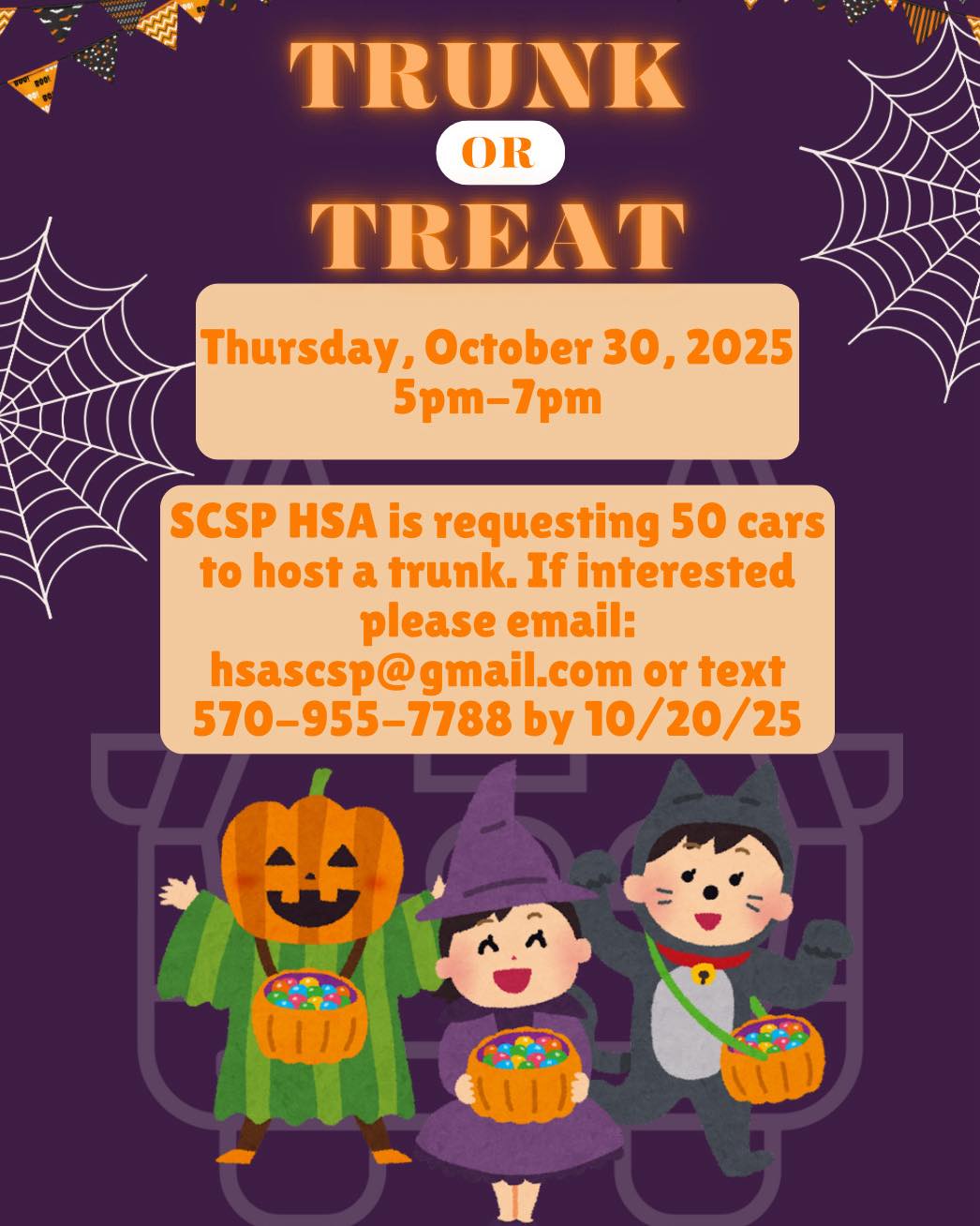 Trunk or Treat is back! Reach out to HSA if you would like to host a trunk! We cannot wait for this amazing event!🎃👻🧡🖤💙💛