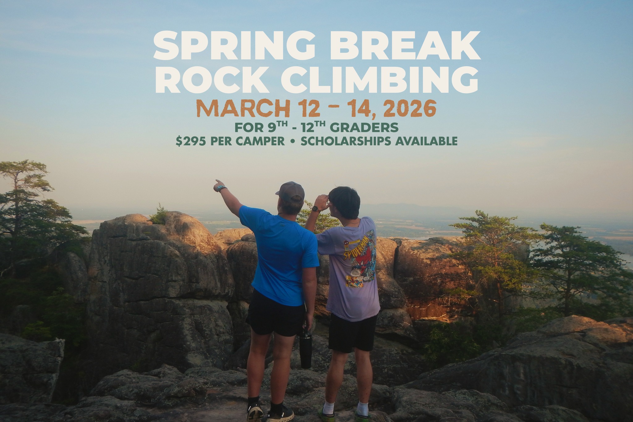 SENIOR HIGH STUDENTS! Ready for an unforgettable Spring Break adventure?
Join us for a Rock Climbing Trip to Cherokee Rock Village in Sand Rock, Alabama! Senior high campers are invited to experience real rock climbing with Rocks to Rivers Guide Service, no climbing experience required!
You’ll learn top rope climbing skills, explore incredible rock formations, and make lasting memories with friends.
All instruction and equipment are provided by certified guides.
Learn more at camplakestephens.com/springbreak-rockclimbing (link in bio)