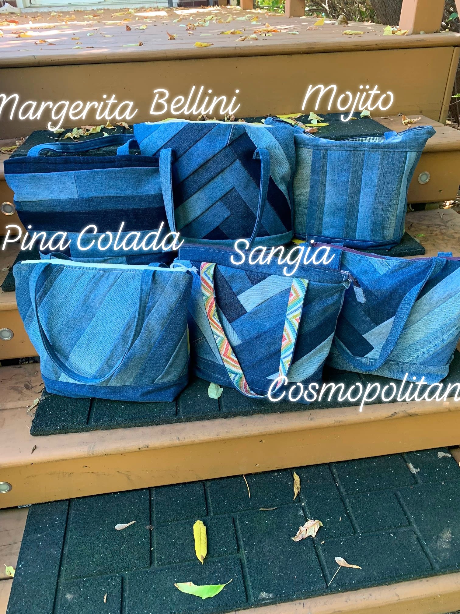 Hey friends, my wife has sewn and is selling six purses, all made from recycled materials. Jean exterior with cool fabric on inside. Each has a zipper closure and one pocket on inside and outside. . Introducing Margarita, Cosmopolitan, Pina-Colada, Mojito, Bellini and SAngria. They are 80 dollars each and you can contact Jessica Mackenzie if you have questions.