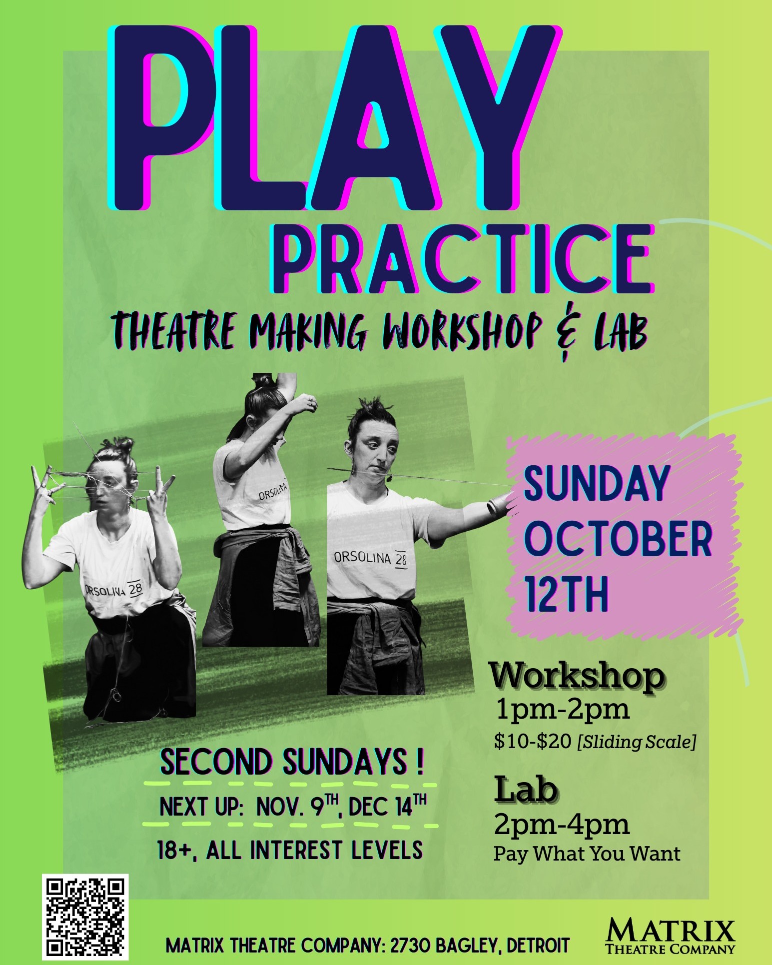 Ready to get creative and make theatre from the ground up? Join us for PLAY PRACTICE, Matrix Theatre Company’s monthly theatre-making workshop and open lab, happening on Sunday, October 12! This program is designed for adults (18+) of all experience levels — from beginners exploring theatre for the first time to artists looking to develop new work. Come to one session or make it a monthly ritual — we meet on second Sundays, with additional sessions on November 9 and December 14.
Workshop – 1:00 PM to 2:00 PM
Start the afternoon with guided exercises and collaborative theatre-making tools to spark your imagination.
💲 Sliding Scale: $10–$20
Lab – 2:00 PM to 4:00 PM
After the workshop, stay for an open creative lab — a supportive, flexible space to explore ideas, devise new material, and connect with other theatre-makers.
💲 Pay What You Want
For more information, visit us at https://www.matrixtheatre.org/play-practice or follow the LINK in BIO!
#MatrixTheatreCompany #SouthwestDetroit #DevisedTheater #Workshop #OpenLab #AdultClasses #DetroitTheater