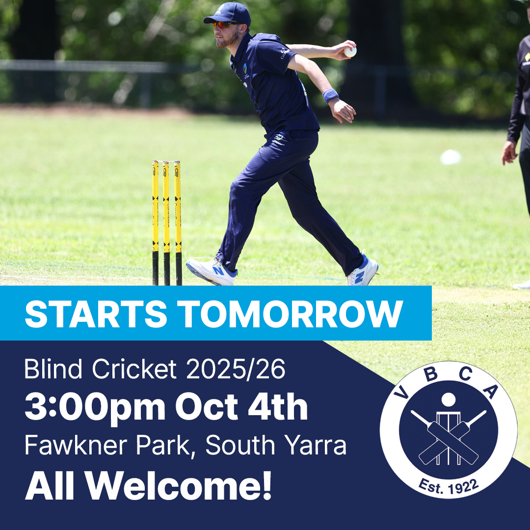 🏏 Blind Cricket Season 2025/26 kicks off tomorrow.
The weather forecast is a perfect sunny 25º and we can’t wait to get back on the pitch at the picturesque Fawkner Park, South Yarra for an action packed afternoon of blind cricket.
The event is open to all, so come along whether you’re a player, supporter or just want to learn more about Blind Cricket.
📍 Where: Fawkner Park, South Yarra
📆 Date: Saturday October 4th
🕒 Time: 3:00pm to 6:00pm
Like to know more? Contact Simon: president@vbca.org.au
Image Description:
Top half of the square image shows blind cricket player Jasper Steeds about to underarm bowl. There is a set of yellow metal stumps in front of him. Bottom half of the image has a dark blue background and the VBCA logo to the right. There is white wording on a light blue box that says “STARTS TOMORROW”
Text line 2: “Blind Cricket 2025/26”
Text line 3: “3:00pm Oct 4th”
Text line 4: “Fawkner Park, South Yarra”
Text line 5: “All Welcome!”
@cityofmelbourne @cricketvictoria
#blindcricket #disabilitysport #inclusion #inclusivesport #sport4all