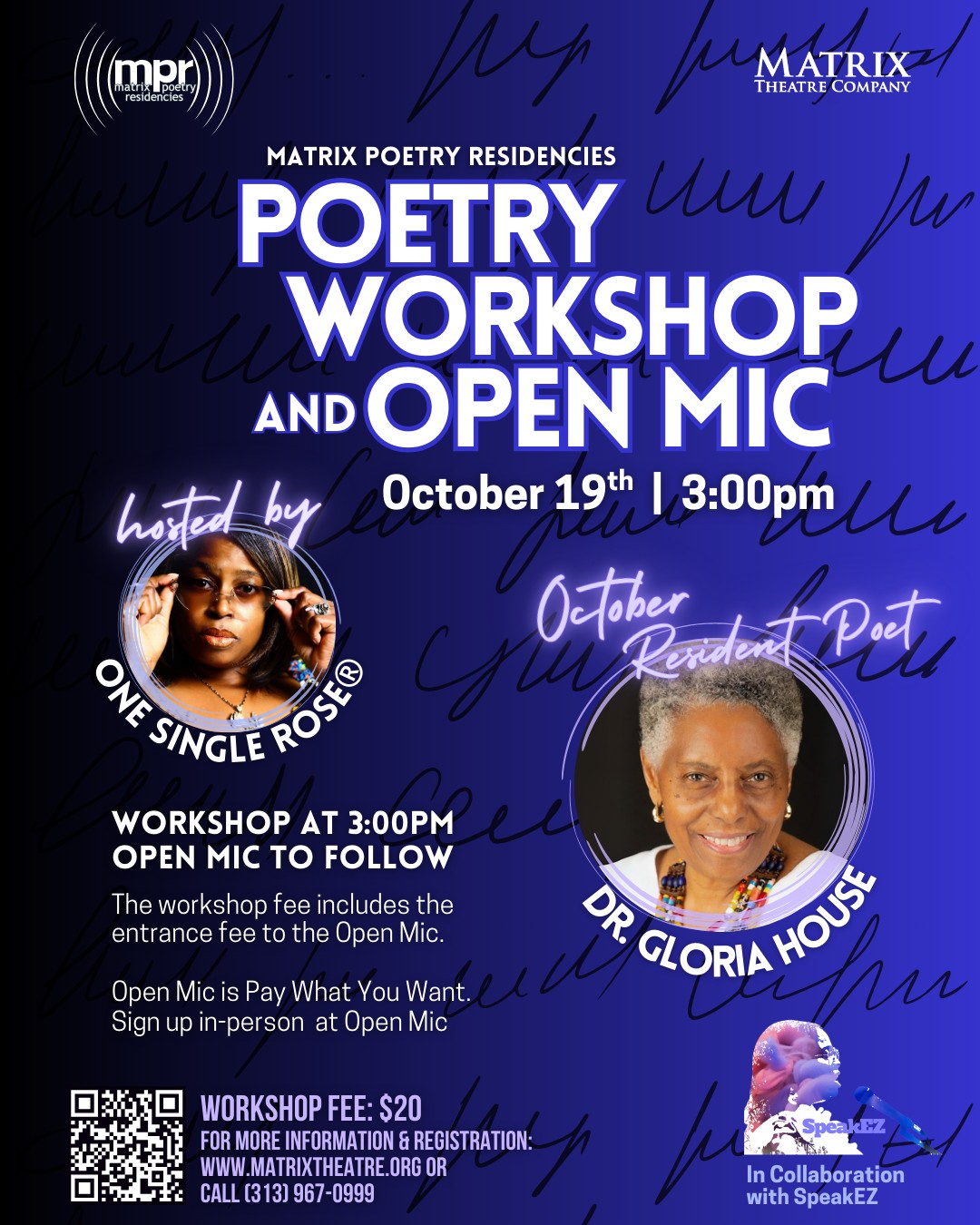Matrix Theatre Company invites poets, writers, and lovers of language to come together for a vibrant afternoon of creativity and connection at our next Matrix Poetry Residencies Workshop & Open Mic on Saturday, October 19 at 3:00 PM.
This month’s event is hosted by the dynamic poet and performer One Single Rose®, and features our October Resident Poet, the renowned Detroit Poet Laureate Dr. Gloria House!
Workshop – 3:00 PM
Join us for an engaging, hands-on poetry workshop where you’ll learn new techniques, experiment with form and language, and connect with fellow poets.
After the workshop, step up to the mic and share your words – or sit back and enjoy the powerful voices of our local poetry community. The open mic is a Pay-What-You-Want event, and sign-ups take place in person before the show.
Open Mic – Immediately Following
After the workshop, step up to the mic and share your words – or sit back and enjoy the powerful voices of our local poetry community. The open mic is Pay What You Want, and sign-ups happen in person before the show.
For more information, visit us at https://www.matrixtheatre.org/mpr or follow the LINK in BIO!
#MatrixTheatreCompany #SouthwestDetroit #DetroitPoetry #poetry #DetroitTheatre