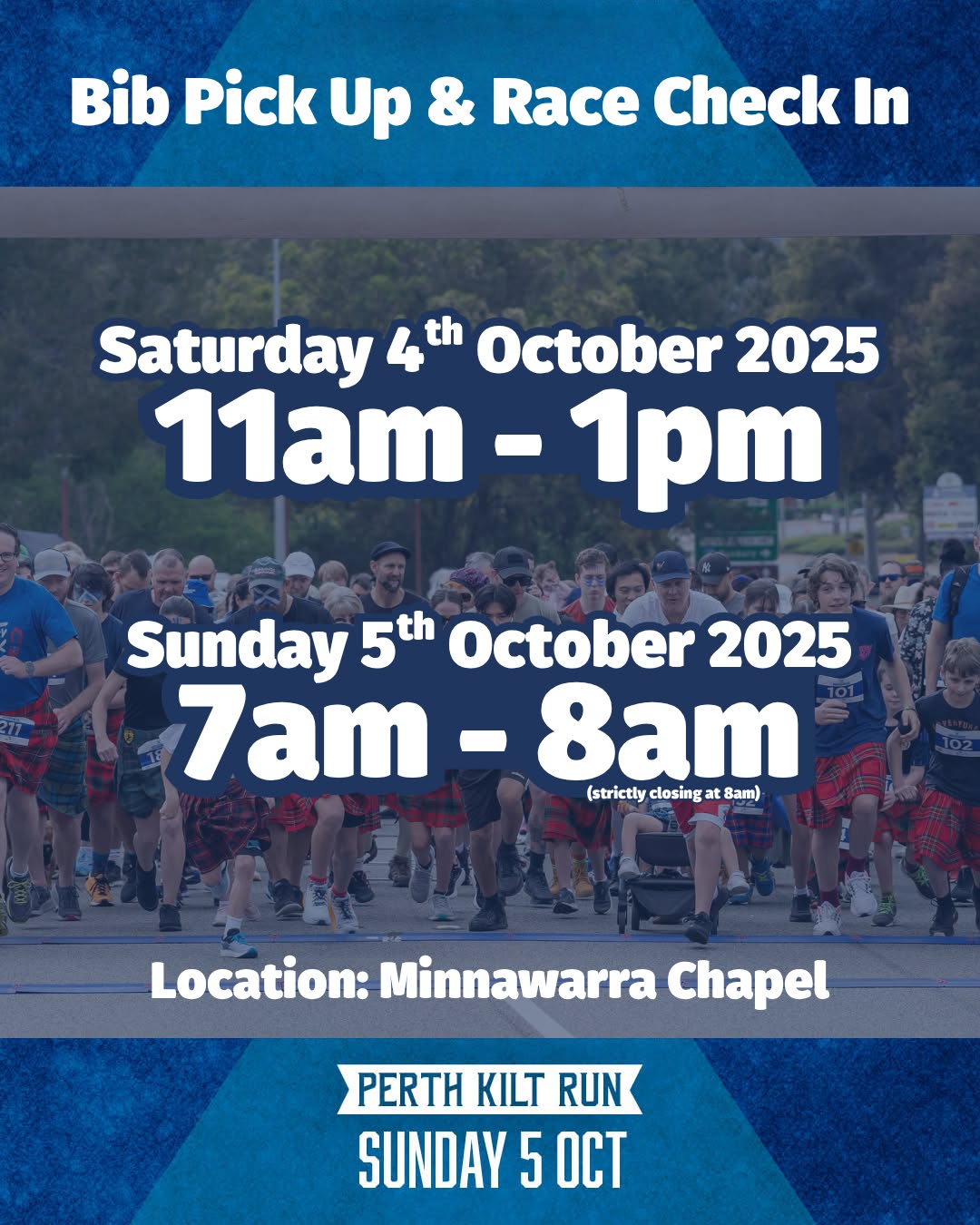 📢 Bib Pick-Up & Race Check-In
📍 Minnawarra Chapel, 7 Orchard Ave, Armadale
🗓️ Times:
• Saturday 4 October 2025 | 11:00am – 1:00pm
• Sunday 5 October 2025 | 7:00am – 8:00am (strictly closes at 8:00am)
✅ To collect your bib, simply show your eTicket (sent to your inbox on Friday 3 October). No printing needed—just show it on your phone.
📧 Can’t find your eTicket? Check your spam folder first, then contact the City of Armadale Events Team at events@armadale.wa.gov.au.