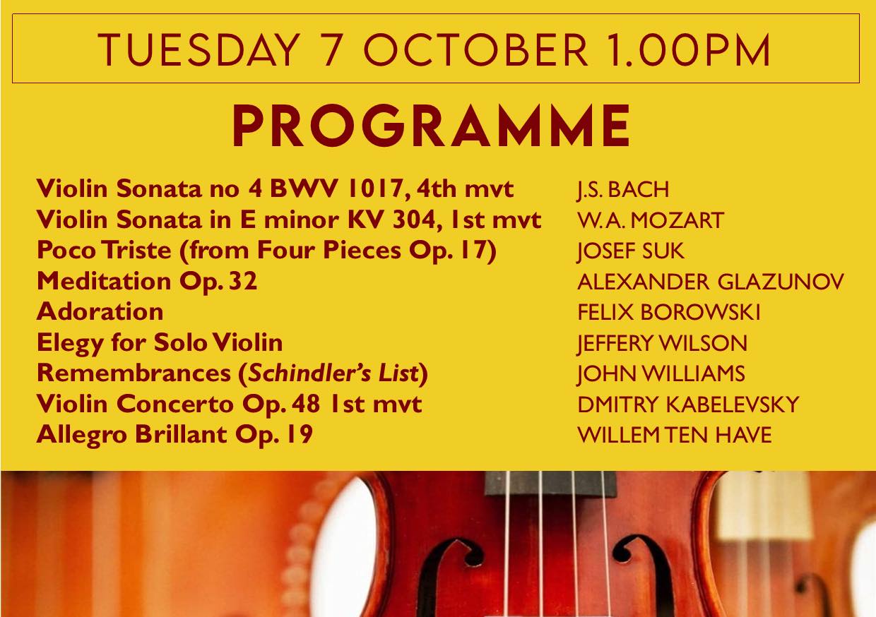 On Tuesday 7th October, and in the spirit of keeping our recitals varied and from time time, local, we welcome a trio of student violinists from Bedfordshire’s Sharnbrook Academy. Their programme details are in the slide.
The Concerts team has arranged another packed and varied Autumn Term Series for you to look forward to in the coming weeks; you can see details of these and other musical events taking place at St Paul’s via our new church website.
St Paul’s Tuesday recitals are free to enter with a suggested retiring donation of £5.00 which helps to support the musicians and brings valuable income into our town centre church.
St Paul’s Concert Team
(Registered Charity Number 1134614)