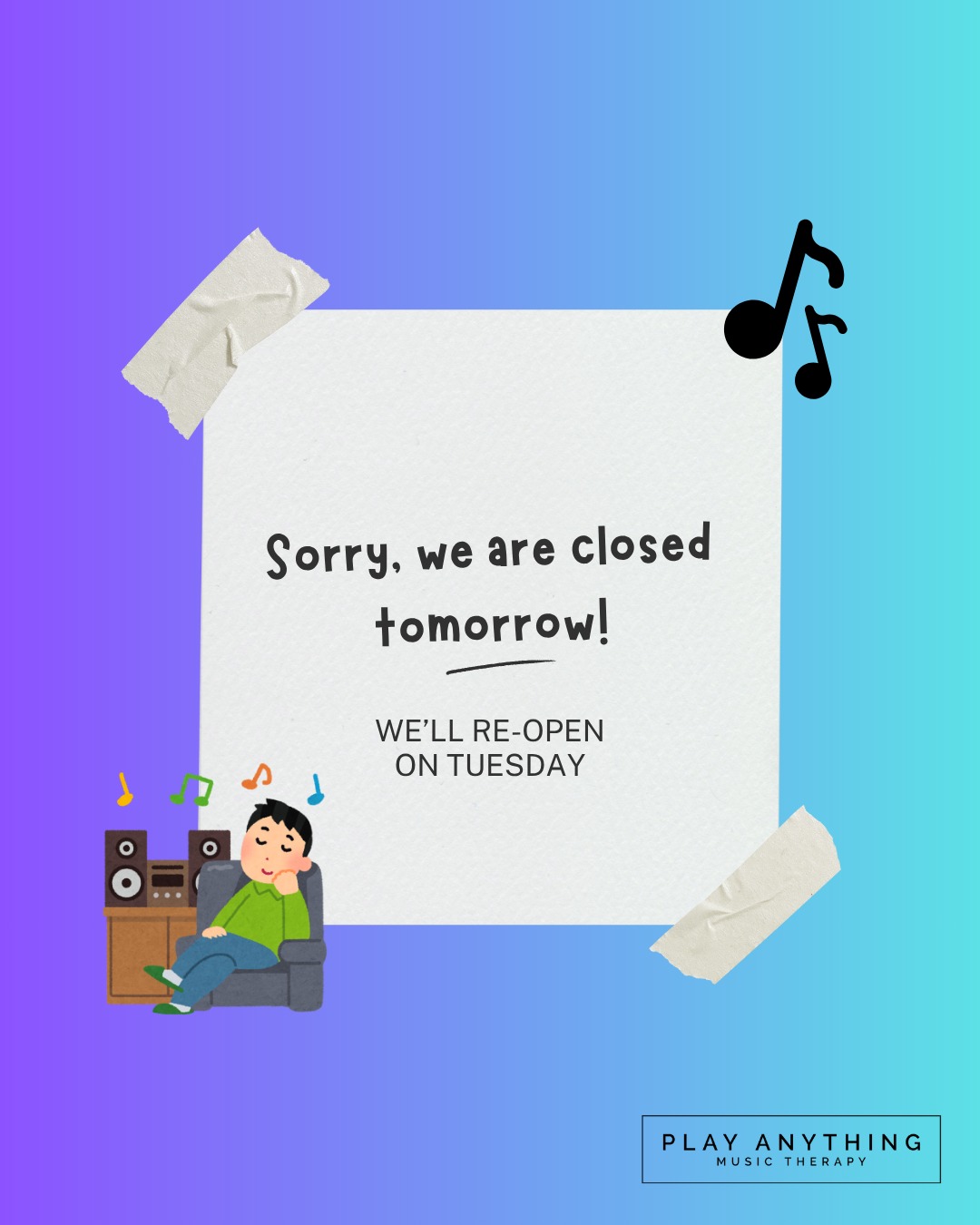 Play Anything will be closed tomorrow, the 6th October, for the public holiday. We'll be back in the studio on Tuesday the 7th of October!
We hope you're able to get some rest this long weekend ☺️
- The Play Anything team 🎶
#newcastle #musictherapy #NDIS #music #ndisregisteredprovider #playanythingmusictherapy