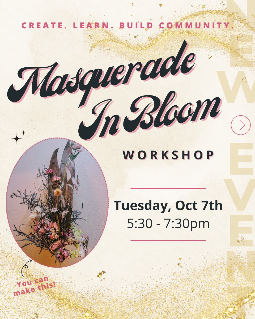 We are hosting another fun workshop! Join us Tuesday October 7th 5:30-7:30pm for a creative evening of mask-making with dried and pressed florals. Artist, Alex and Flower Farmer, Caitlyn will guide you step by step as you design your own custom masquerade mask, learning simple floral techniques along the way.
You’ll take home a unique, floral mask- perfect for parties, décor, or keepsake art!
This event is $30 per person with all materials included. Bring your creativity & have some floral fun!
Please Note: Find Golden Leaf Studios’ Community Space inside Southgate Mall, across from Hollister.
Register here: https://golden-leaf-studios.square.site/events