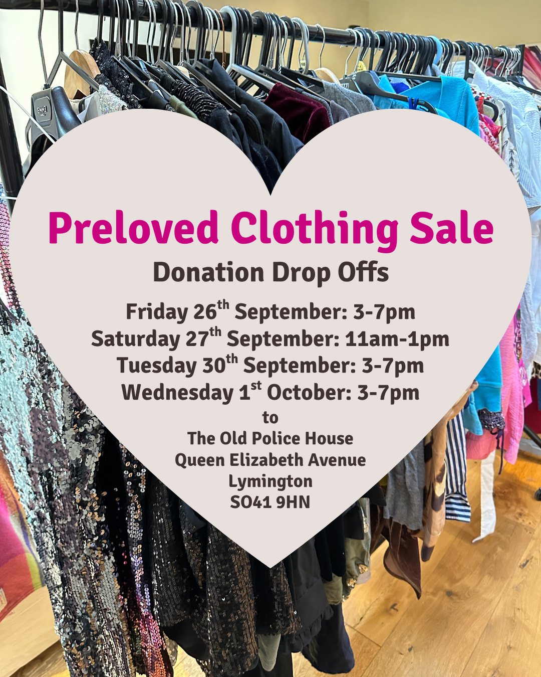 Our Preloved Clothing Sale will be taking place on Friday 3rd and Saturday 4th October at 28 Queen Street, Lymington.
We welcome your donations of great-quality clothing and accessories for ladies and teens... donations can be dropped to The Old Police House, Queen Elizabeth Avenue on:
* Tuesday 30th September 3-7pm
* Wednesday 1st October 3-7pm
Many thanks for your help!
We are all volunteers... all funds raised by our Preloved Sale will help local people living with cancer.
#PrelovedClothing #Ladieswear #NearlyNew #DesignerFashion #VintageClothing