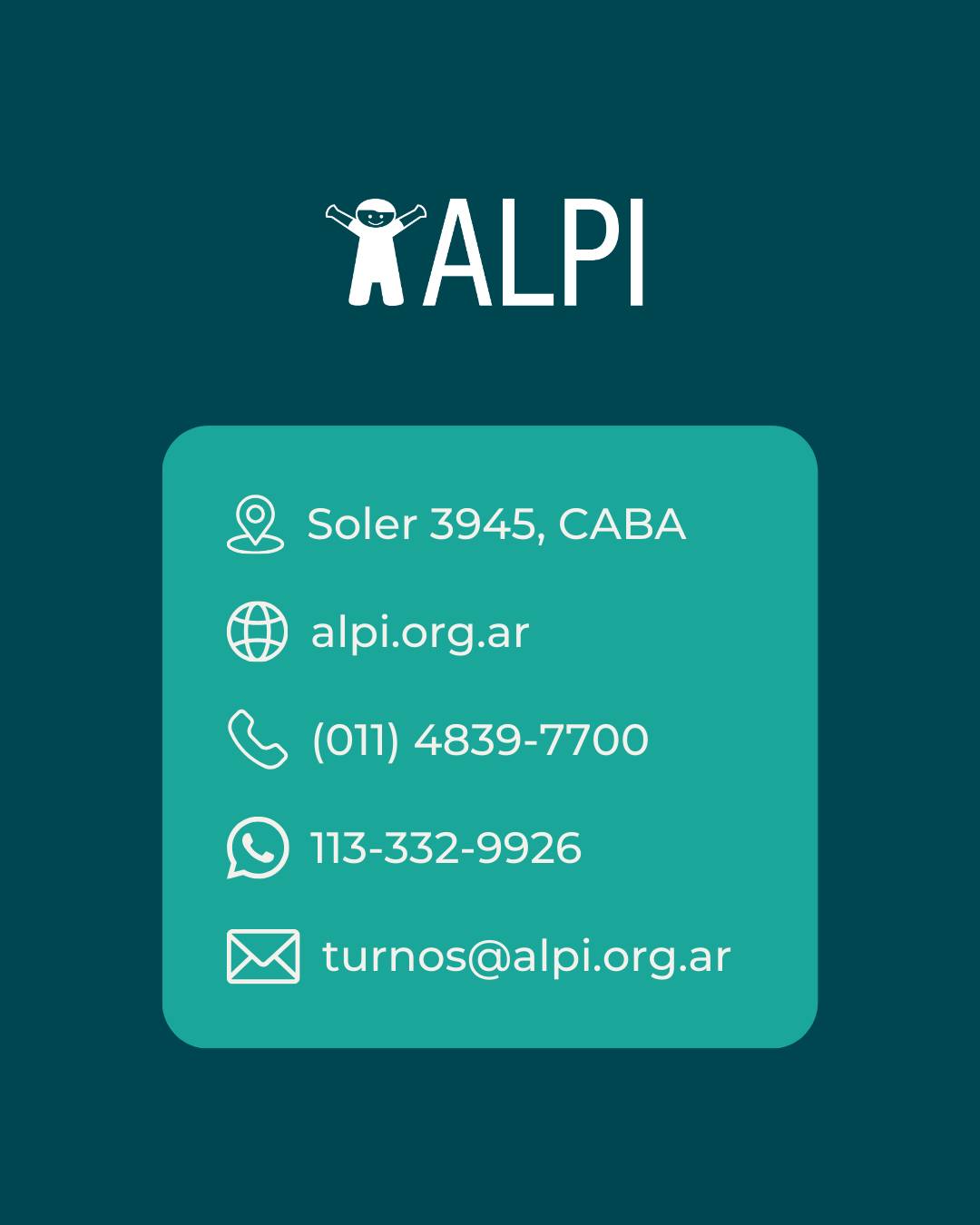 🏥 En ALPI atendemos obras sociales, prepagas y ARTs para brindar la mejor atención a nuestros pacientes.
Para más información sobre nuestras coberturas y servicios, contactanos:
📍 Soler 3945, CABA
📞 (011) 4839-7700
📲 +54-911-3332-9926
📧 turnos@alpi.org.ar
#ALPI #AtenciónMédica #obrassociales