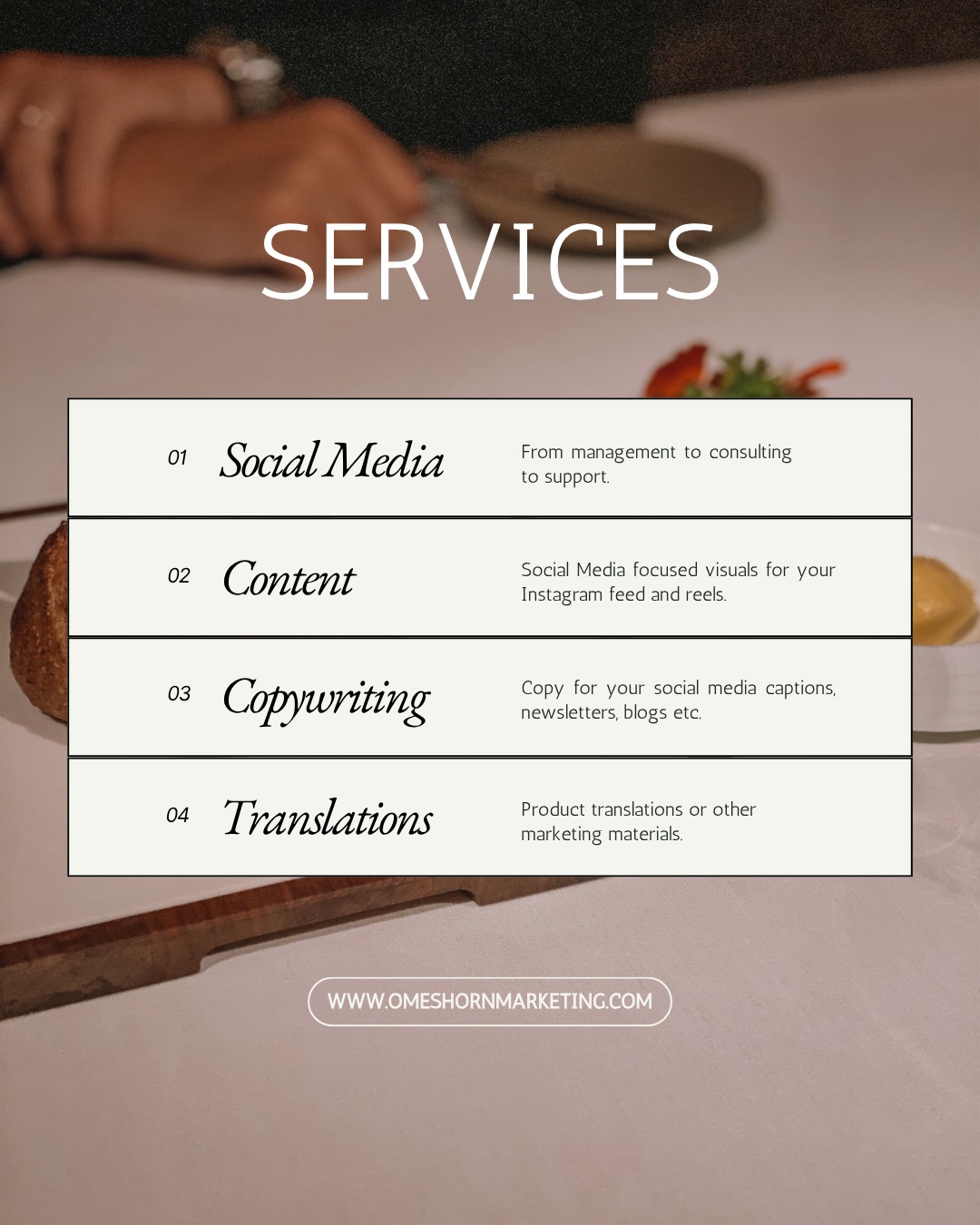 A quick overview of my services, from social media management to copywriting and multilingual translations, all tailored to elevate your brand online.
If you have any questions or would like to schedule a call to see how we can work together, get in touch via email lonneke@omeshorn.at or use the contact buttons in my bio.
.
.
#onlinemarketingagency #marketingsupport #socialmediaforhotels #travelmarketing #socialmediabeheer #socialcontentcreation #contentmarketingexpert #hotelmarketing #socialmediaconsulting