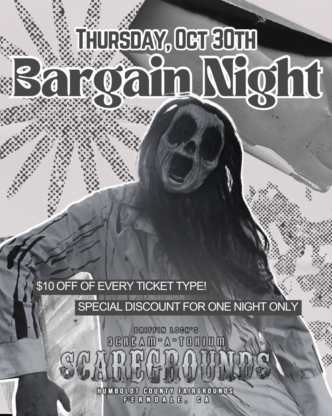 For just one frightful night - the only thrilling Thursday the Scaregrounds is open in 2025 - you can save $10 per ticket 😱
Available online or at the door, visit www.humboldthaunt.com for more 🪲
#localbusiness #frightdale #scaregrounds #visitferndale #ferndalecalifornia #humboldtcounty #visithumboldt #hauntlife #hauntedmaze #humboldt #ferndalefrightfullyfun #NorCalTravel #humboldtcountyfair #screamatorium #shoplocal #hauntedhouse #visitnorcal #griffinloch #savings #bargain