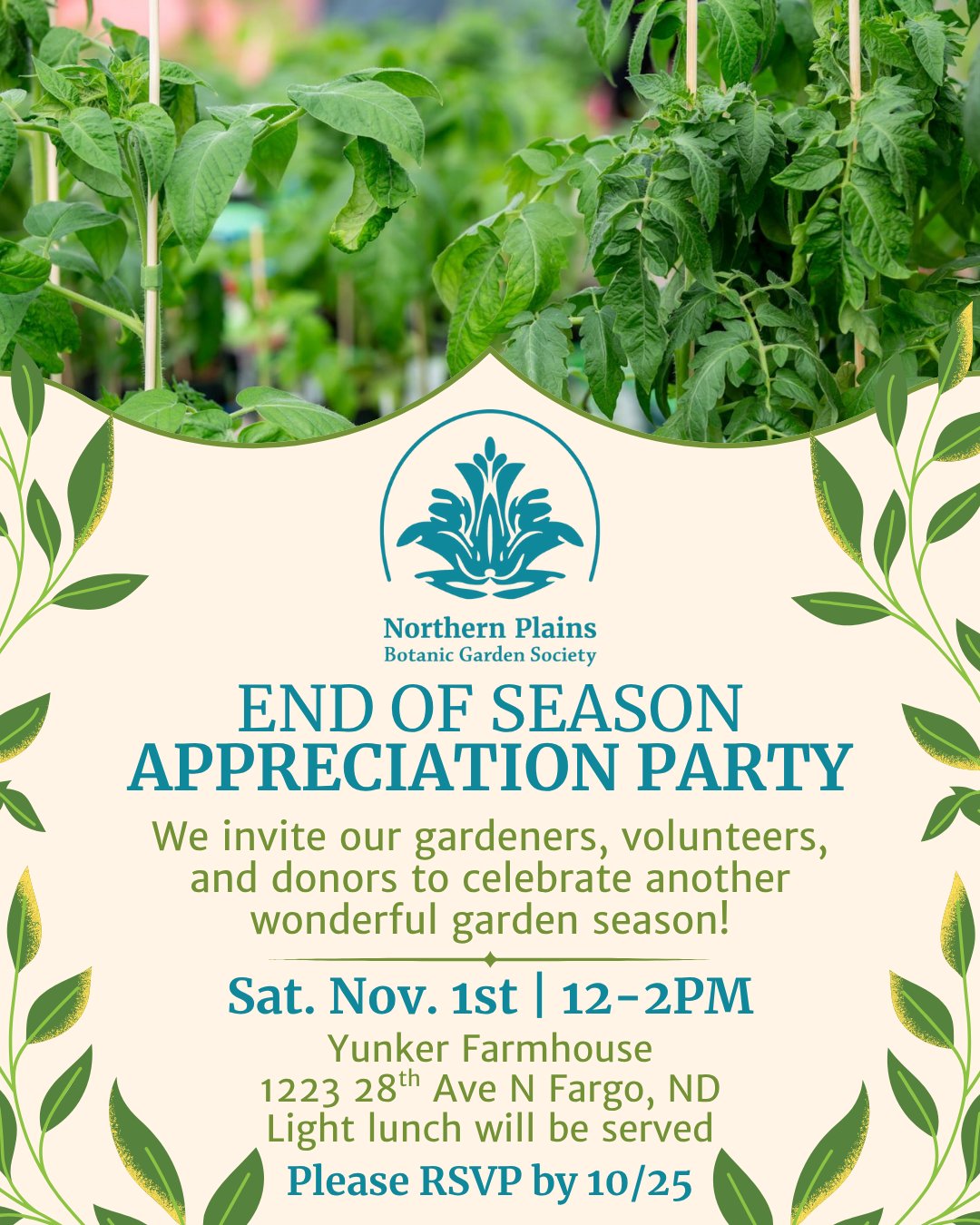Calling all NPBGS gardeners, volunteers, and donors! 📣🙏 We want to celebrate YOU! Join us on Saturday, November 1st from 12-2PM at the Yunker Farmhouse (1223 28th Ave N Fargo, ND) for the End of Season Appreciation Party! Full details: NPBGS.org/event-details/end-of-season-appreciation-party
Our gardens and events wouldn't be possible without the hard work and generosity of so many! We hope to have you join us for a social gathering and light lunch. Please RSVP on our event page by 10/25. #Appreciation #ThankYou #BotanicGardens