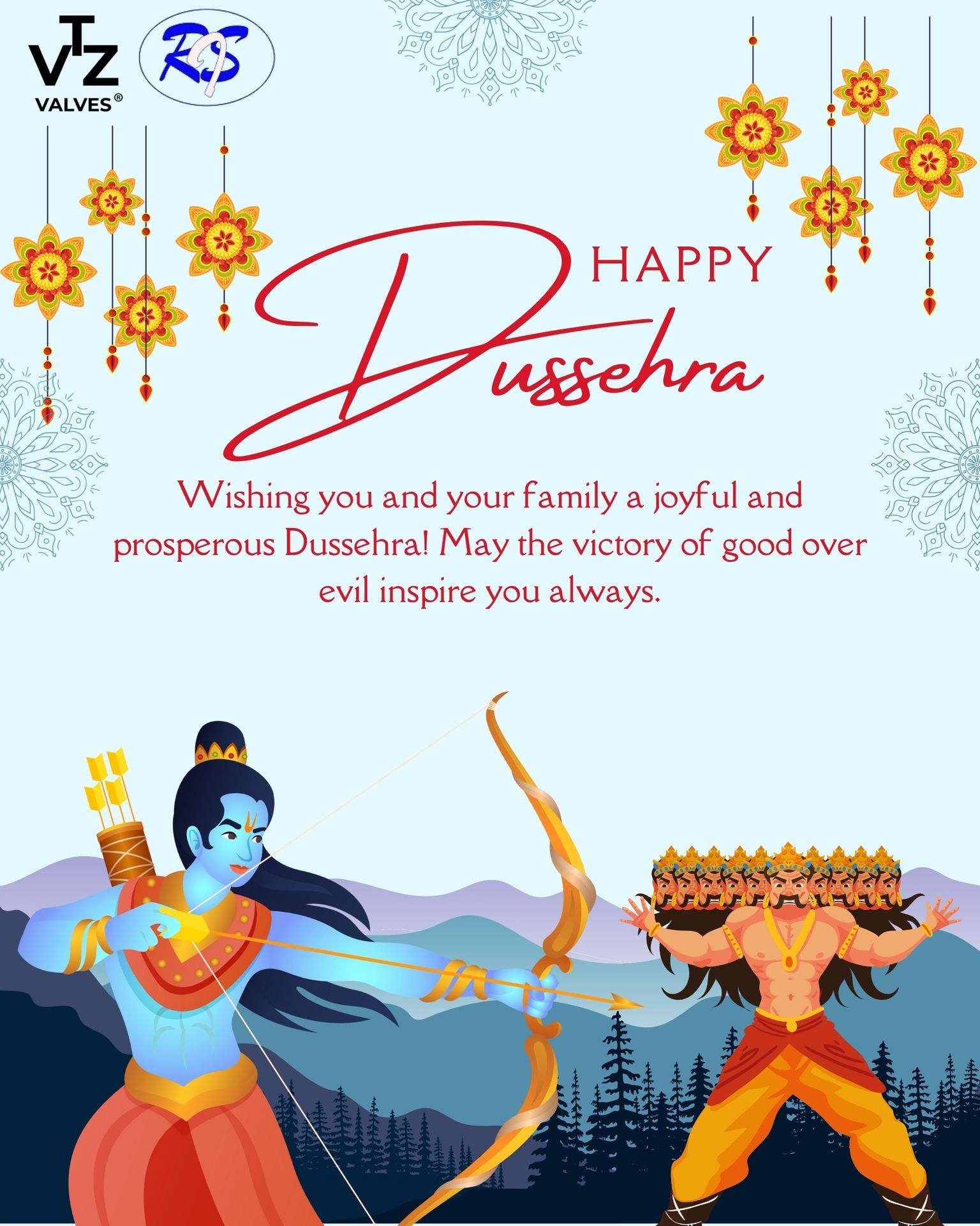 On this auspicious occasion of Dussehra, may truth, courage, and positivity always guide your path.
✨ Wishing you and your loved ones success, happiness, and prosperity.
Let’s celebrate the victory of good over evil and embrace new beginnings with renewed strength. 🌟
Warm greetings from VTZ VALVES® & Raj Industrial Stores 💐
#HappyDussehra #Vijayadashami #FestivalOfJoy #Positivity #Success #MadeInIndia #IndustrialGrowth #VTZValves #RajIndustrialStores