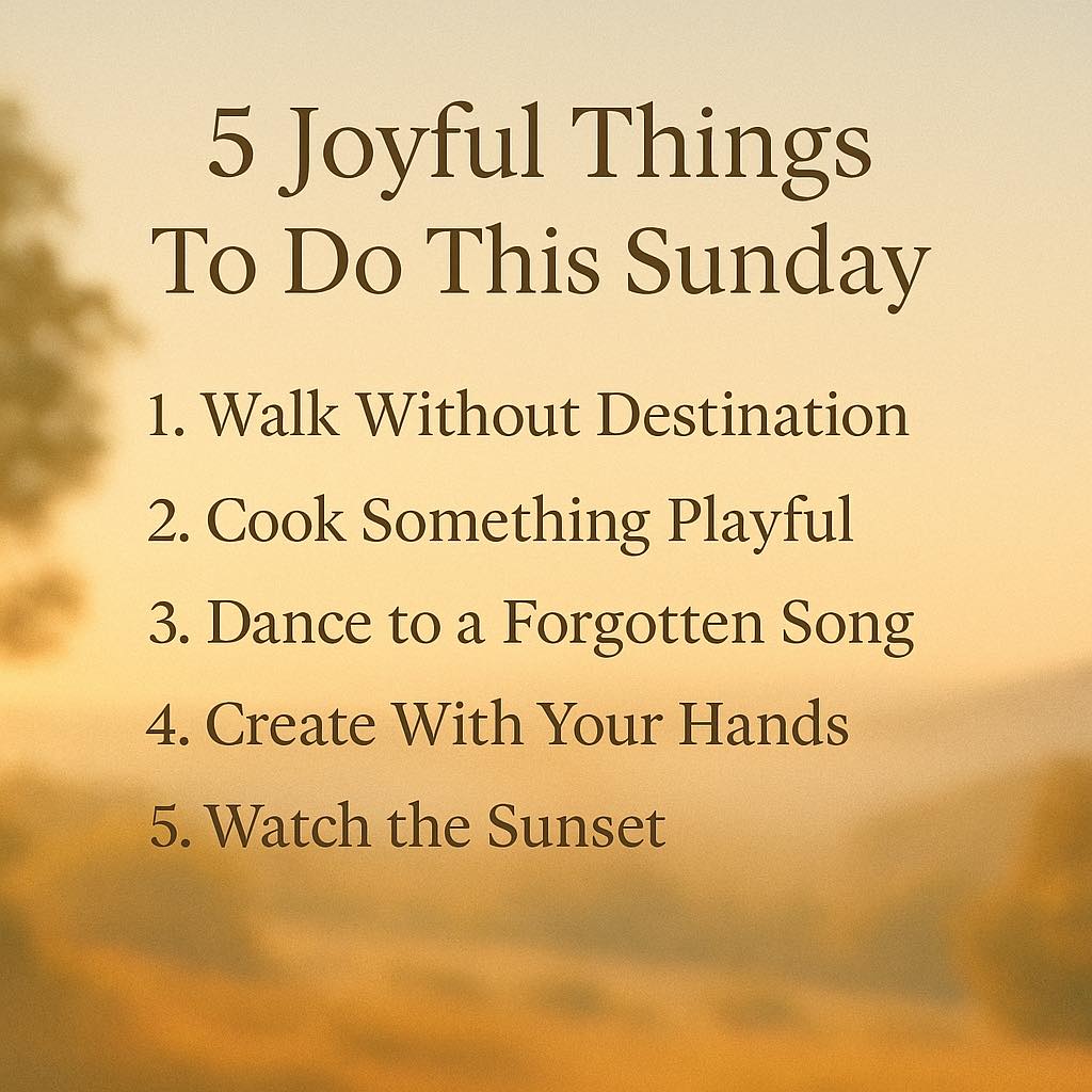 5 Joyful Things You Can Do This Sunday
Peace doesn’t come from sitting still — it comes from moving into joy.
Here are five simple ways to bring lightness into your day:
1. Walk Without Destination
Leave your phone behind and take a slow walk. Let curiosity, not errands, decide which street you turn down.
2. Cook Something Playful
Not because you must, but because it’s fun. Try a new spice, shape your food strangely, or plate it like art.
3. Dance to a Forgotten Song
Choose music you once loved but haven’t played in years. Move badly, move beautifully — just let your body remember.
4. Create With Your Hands
Sketch, bake, garden, craft — anything where your hands bring something into being that wasn’t there before.
5. Watch the Sky Change
Sunrise, sunset, or even drifting clouds — give yourself time to simply sit and notice the way the sky transforms.
Sometimes joy is just a small physical act that reminds the soul that it is here, alive, and still capable of delight. #SelfCare #sundayvibes #joyful #thecelestialgate #aromatherapy