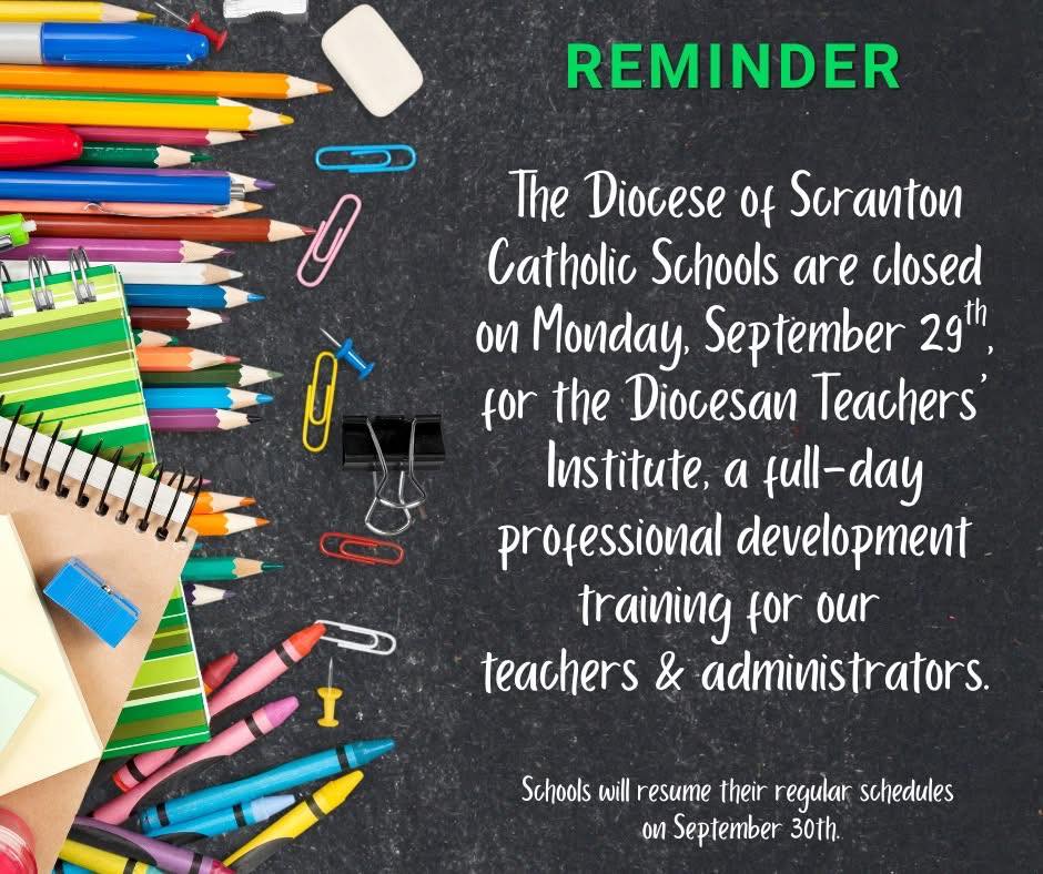 Just a reminder: There is no school on Monday, September 29th due to the Diocesan Teachers’ Institute!💙💛