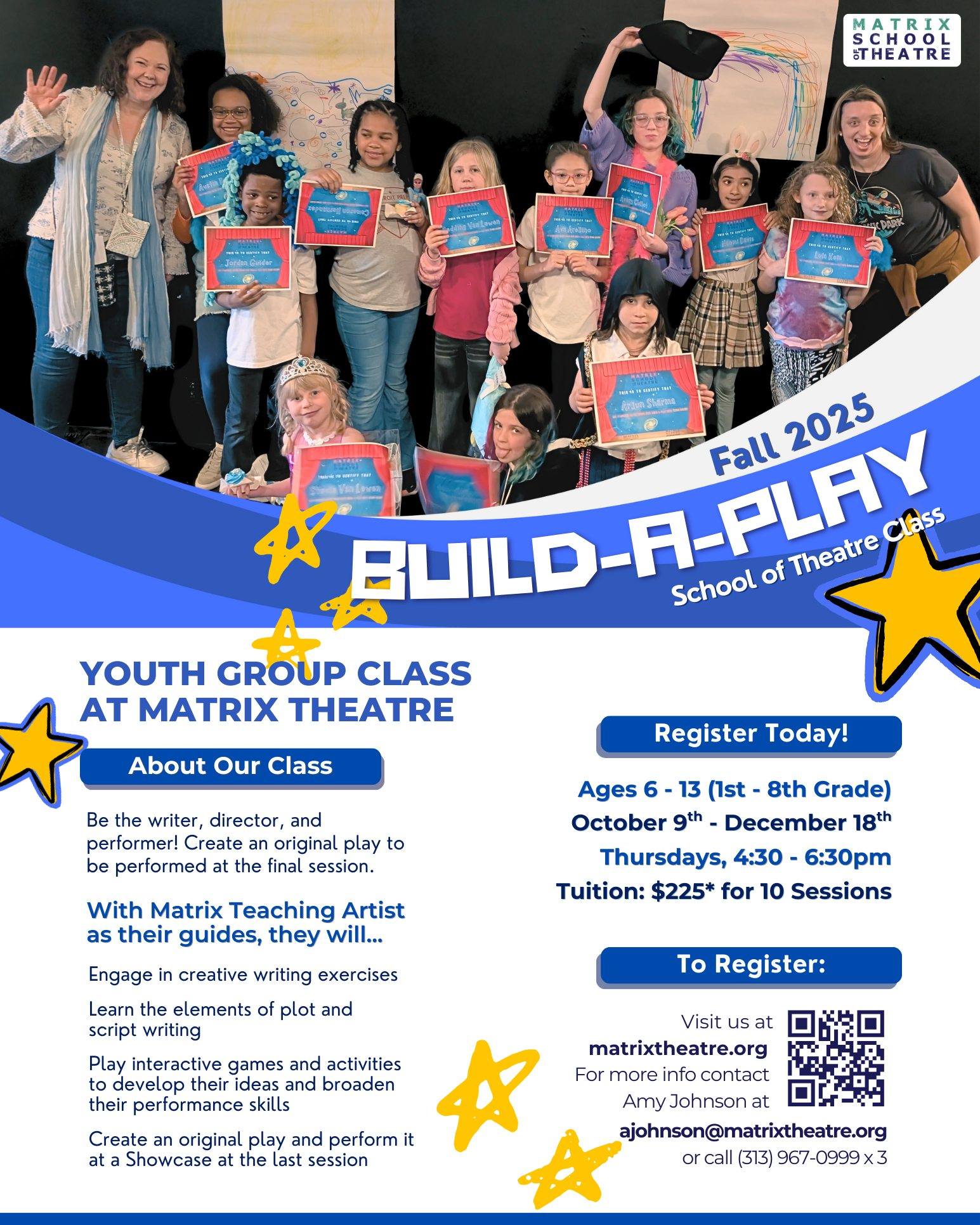 Build-A-Play: Youth Theatre Class – Registration Now Open for Fall 2025!
This fall, Matrix Theatre Company invites young creators to step into the spotlight with Build-A-Play, our signature youth theatre class where kids become the writers, directors, and performers of their very own original play!
Guided by a Matrix Teaching Artist, students will work together to:
✍️ Explore creative writing and script development
📚 Learn the building blocks of storytelling and theatre
🎲 Play imaginative games that strengthen performance skills
🎭 Create and perform their own original play at a final showcase
This dynamic, hands-on class is designed for youth ages 6–13 (1st–8th grade) and is perfect for kids of all experience levels — from budding performers to imaginative storytellers.
Dates: Thursdays, October 9 – December 18
Time: 4:30 PM – 6:30 PM
Location: Matrix Theatre Company, 2730 Bagley St., Detroit, MI
Tuition: $225 for 10 sessions
Space is limited, and this popular class fills quickly! Visit us at https://www.matrixtheatre.org/classes-offered or follow the LINK in BIO to register!
#matrixtheatrecompany #SouthwestDetroit #SchoolofTheatre #TheaterEducation #DevisedTheater #MexicantownDetroit