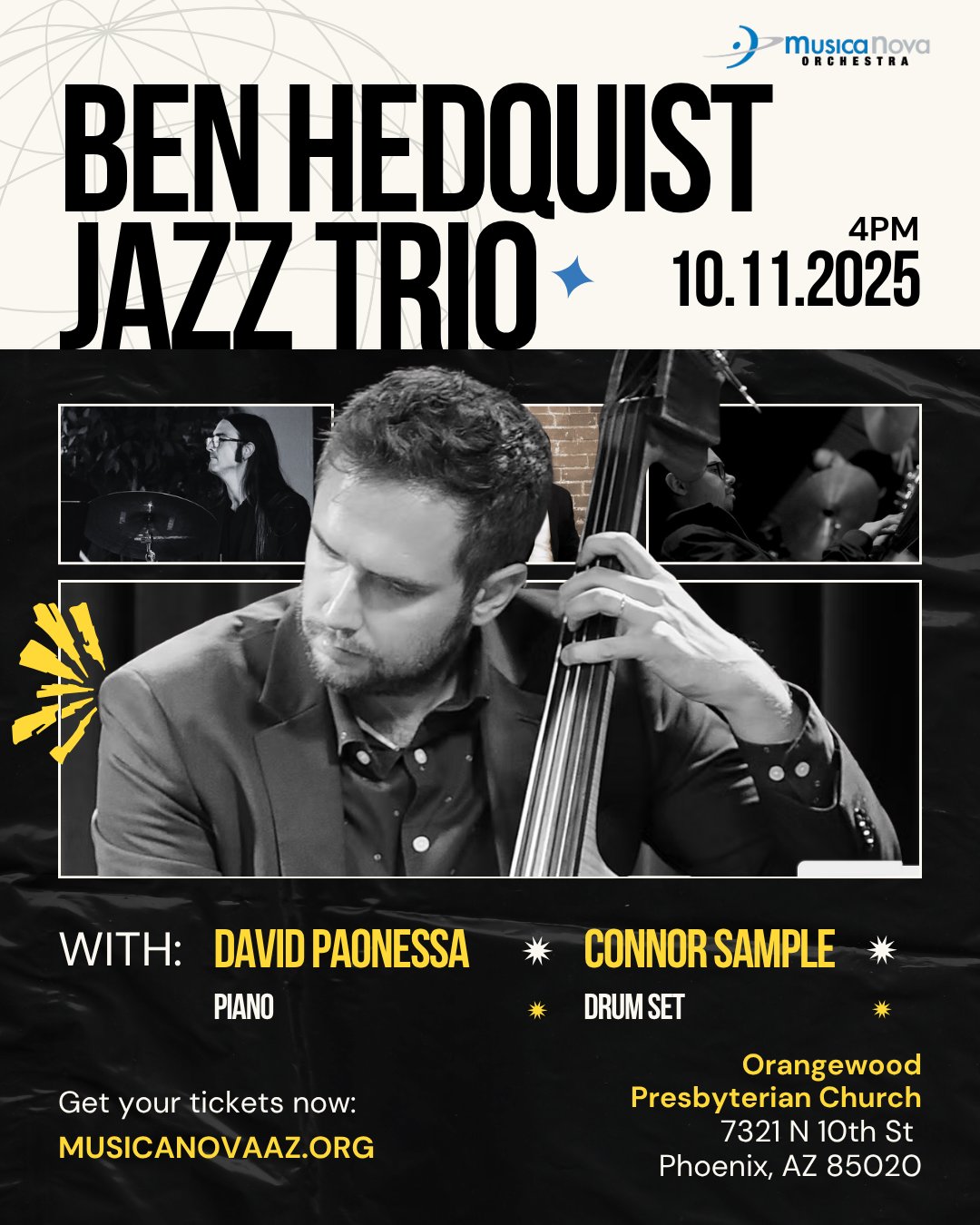 Tickets with the link in bio! Ben Hedquist on bass, David Paonessa on keys, and Connor Sample on drums bring you a setlist that'll make your dreamboat sail right home. From Pettiford to Porter, Goodman to "Moonlight in Vermont", we're bringing the classics with a fresh valley groove.
Join us on Saturday, October 11 at Orangewood Presbyterian Church!
#musicanovaorchestra #LiveMusic #ClassicalMusic #phoenix #jazz