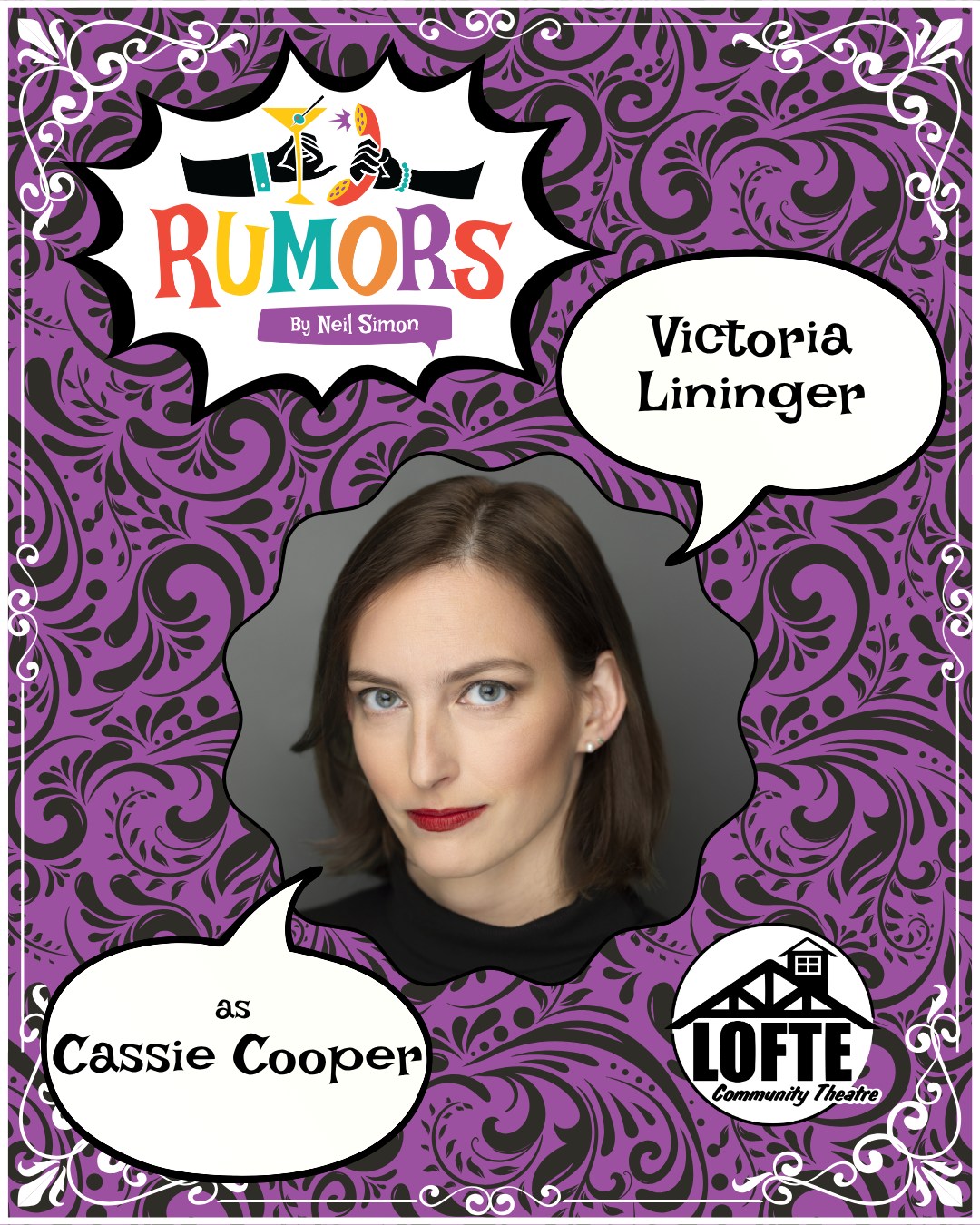 We are pleased to introduce one of our cast members for Rumors: Victoria Lininger as Cassie Cooper! Performances of Rumors run October 17, 18, 19, 23, 24, 25, 26. Tickets are available at lofte.org/tickets or by calling 402-234-2553.
Victoria is a voice actor who moved to Nebraska in 2024. Last year, she performed in the world premiere of The China Shop at Lincoln Community Playhouse as Mary. Before her move, she performed in both community and professional settings throughout the St Louis area. Favorite projects include performing as Black Stache in 'Peter and the Starcatcher' and portraying Frau Perchta, the Christmas Witch of the Alps, at St Charles Christmas Traditions festival. You can follow her (voiceovervictoria) on Instagram, YouTube, and Twitch.
Shows start at 7:00 on Thursdays, Fridays, and Saturdays, and 2:00 on Sundays. The concession stand will open 1 hour before the show starts, and the house will be open for seating at this time as well.
More about Rumors: A wedding anniversary party is being held for Charley Brock, the Deputy Mayor of New York, and his wife, Myra. Ken Gorman, a lawyer, and his wife, Chris, are the first to arrive at the party and first to discover Charley with a flesh wound, who now lies bleeding in another room. Myra is nowhere to be seen. Charley’s self-inflicted bullet injury sets off a series of events, causing his guests to scramble to get “the story” straight before the authorities arrive. As the confusion and miscommunications mount, the evening spins off into classic farcical hilarity. We suggest PG-13
.
.
.
.
.
#Lofte #TheLofte #BornInABarn #LofteTheater #CommunityTheater #CommunityTheatre #Volunteer #Nebraska #CassCounty #Lincoln #Omaha #WeepingWater #Manley #theatre #theater #live #livetheater #livetheatre #localtheater #localtheatre #comedy #rumors #neilsimon #play