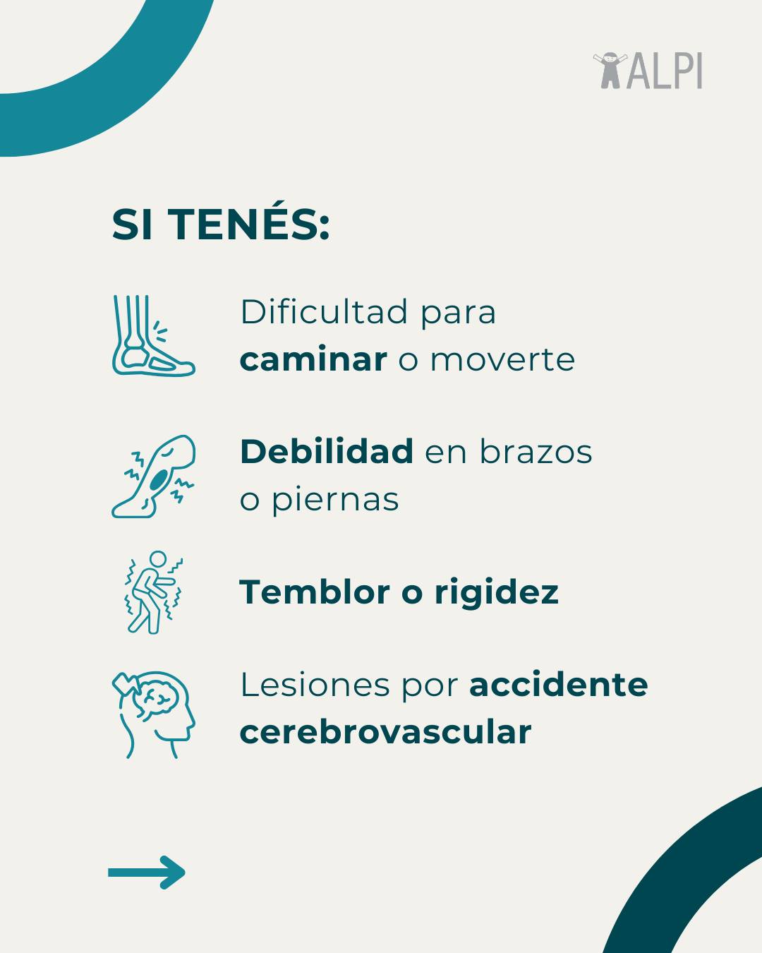 ¿Sabías que podés beneficiarte de una evaluación neuromotriz si tenés:
• Pérdida de fuerza en brazos o piernas
• Dificultad para caminar
• Temblor o rigidez
• Secuelas de ACV
Consultanos para evaluar tu tratamiento.
📍 Soler 3945, CABA
📞 (011) 4839-7700 / whatsapp 113-332-9926�
📧 turnos@alpi.org.ar
#ChequeoNeurológico #AtenciónTemprana #Rehabilitación
