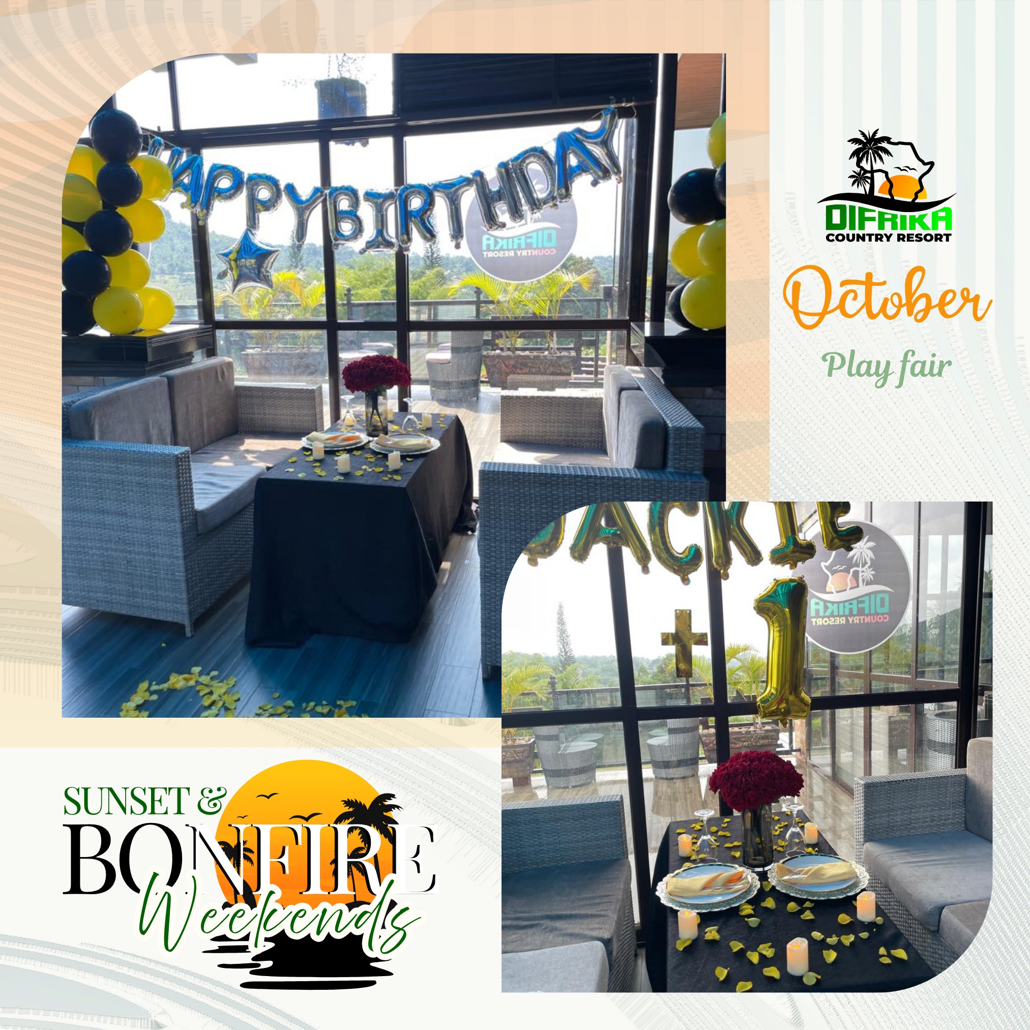 Sunsets. Bonfires. October at Difrika.
Weekends that glow—bundles for couples, friends & family.
This October, chase golden sunsets and gather around the bonfire at Difrika Country Resort. Weekend bundles include breakfast, a cozy bonfire night, and welcome mocktails—plus optional BBQ and birthday add-ons. Limited dates all month.
#DifrikaCountryResort #OctoberAtDifrika #SunsetWeekends #BonfireNights #ExploreUganda #WeekendGetaway