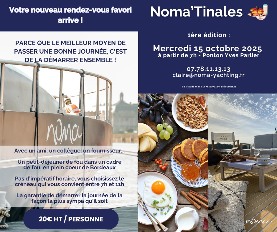 🥁🥁🥁On lève le voile et on ouvre la billetterie de la 1ère édition des Noma'Tinales!
Le concept ?
- On démarre la journée ensemble avec un super petit déj à bord du Noma 🥐🚤
- 0 contrainte : lève tôt ou marmotte ? You're welcome, c'est vous qui choisissez votre heure (de 7 à 11h) ⏰
- Juste le plaisir de se régaler ensemble dans un cadre unique 👩🍳
Nos offres sont toujours exclusives donc toujours sur réservation au 07.78.11.13.13 ou claire@noma-yachting.fr