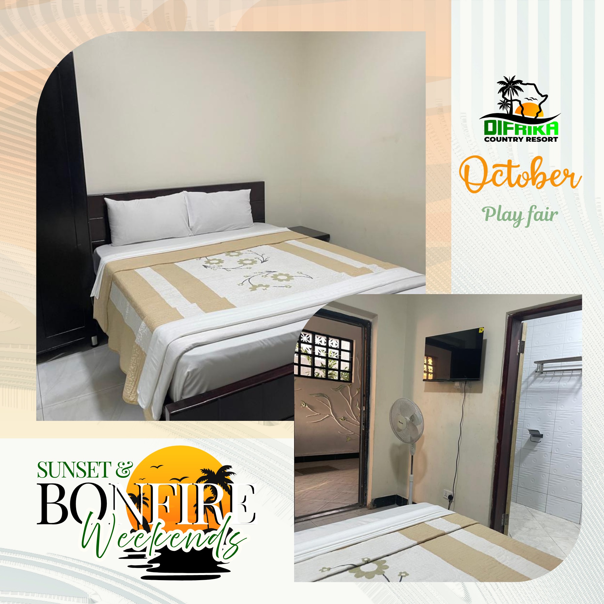 Sunset & Bonfire Weekends. Warm sunsets, golden light, cozy bonfires by the lawn, palm silhouettes, soft string lights—relaxed and romantic with a touch of celebration.
#DifrikaCountryResort #OctoberAtDifrika #SunsetWeekends #BonfireNights #ExploreUganda #WeekendGetaway