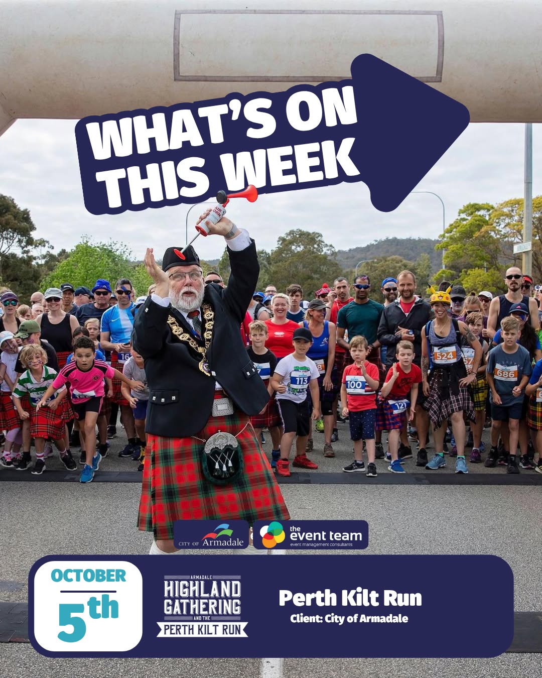 🏴 Armadale Highland Gathering & Perth Kilt Run 🏃♂️✨
This Sunday we’re heading to Armadale for WA’s most iconic kilt-wearing run! Don’t miss the fun, the tartan, and the atmosphere of the Perth Kilt Run.
👉 Register now and be part of it!
https://perthkiltrun.com.au/
Client: @cityofarmadalewa