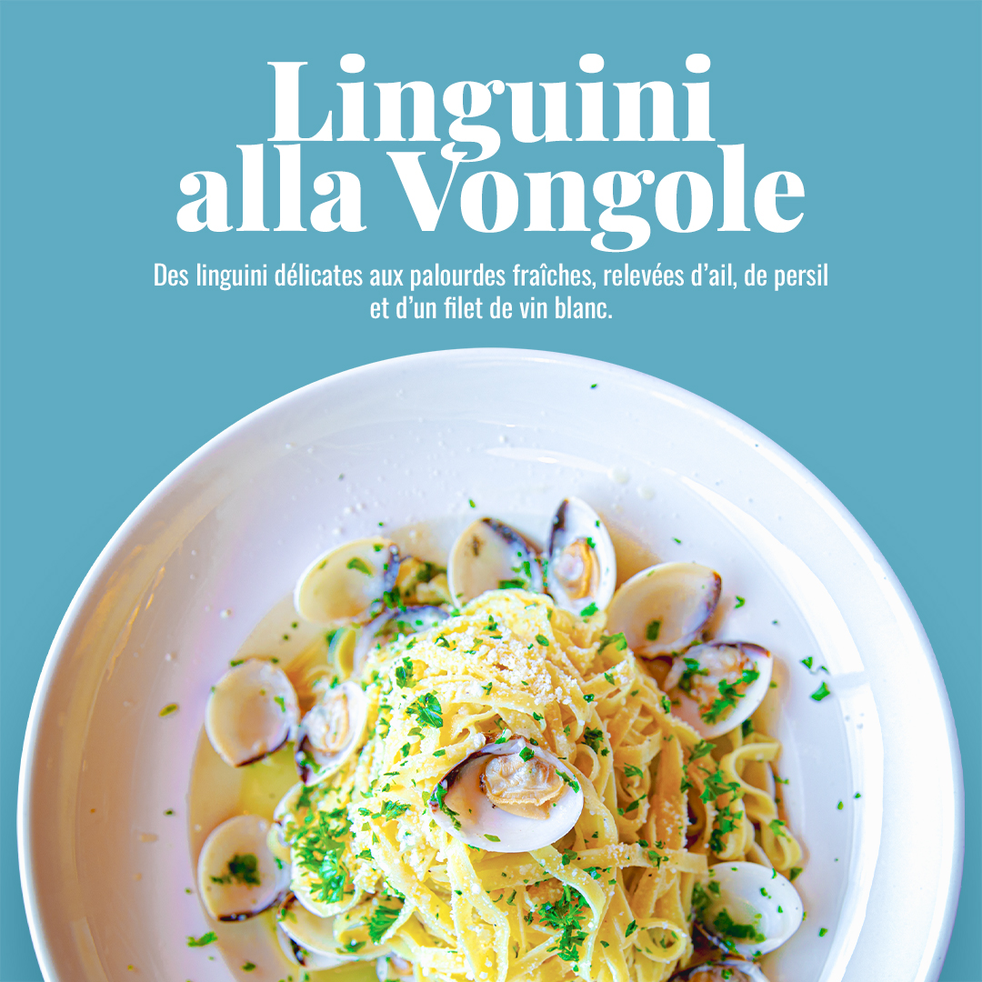 Le plat vedette d'octobre😋
Fermez les yeux et laissez-vous emporter par les saveurs ensoleillées de la côte italienne avec notre Linguini alla Vongole, des pâtes délicates aux palourdes fraîches, relevées d’ail, de persil et d’un filet de vin blanc.