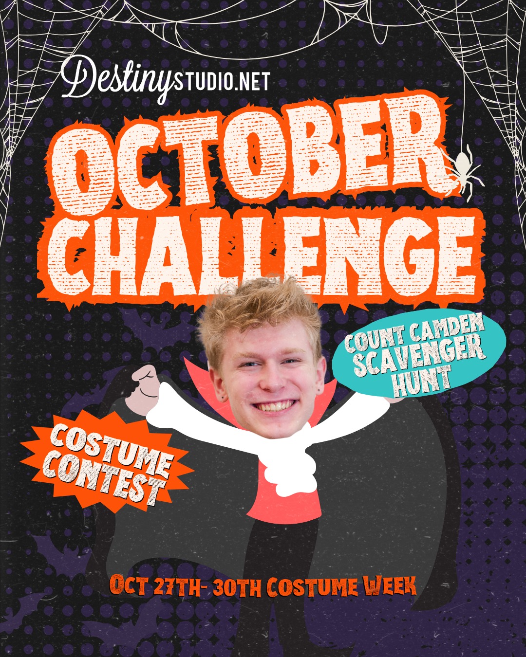 👀🎃 Beware… Count Camden is lurking in the shadows this October!
✨ Spot him in the studio each week before your lessons and collect 3+ initials to be entered to win a gift card!
✨ Don’t forget — Dress Up Week is Oct 27–30! Come in costume for your chance to win one of three frightfully fun prizes!
We're so excited to celebrate all the fun (and frights) with you! 👻