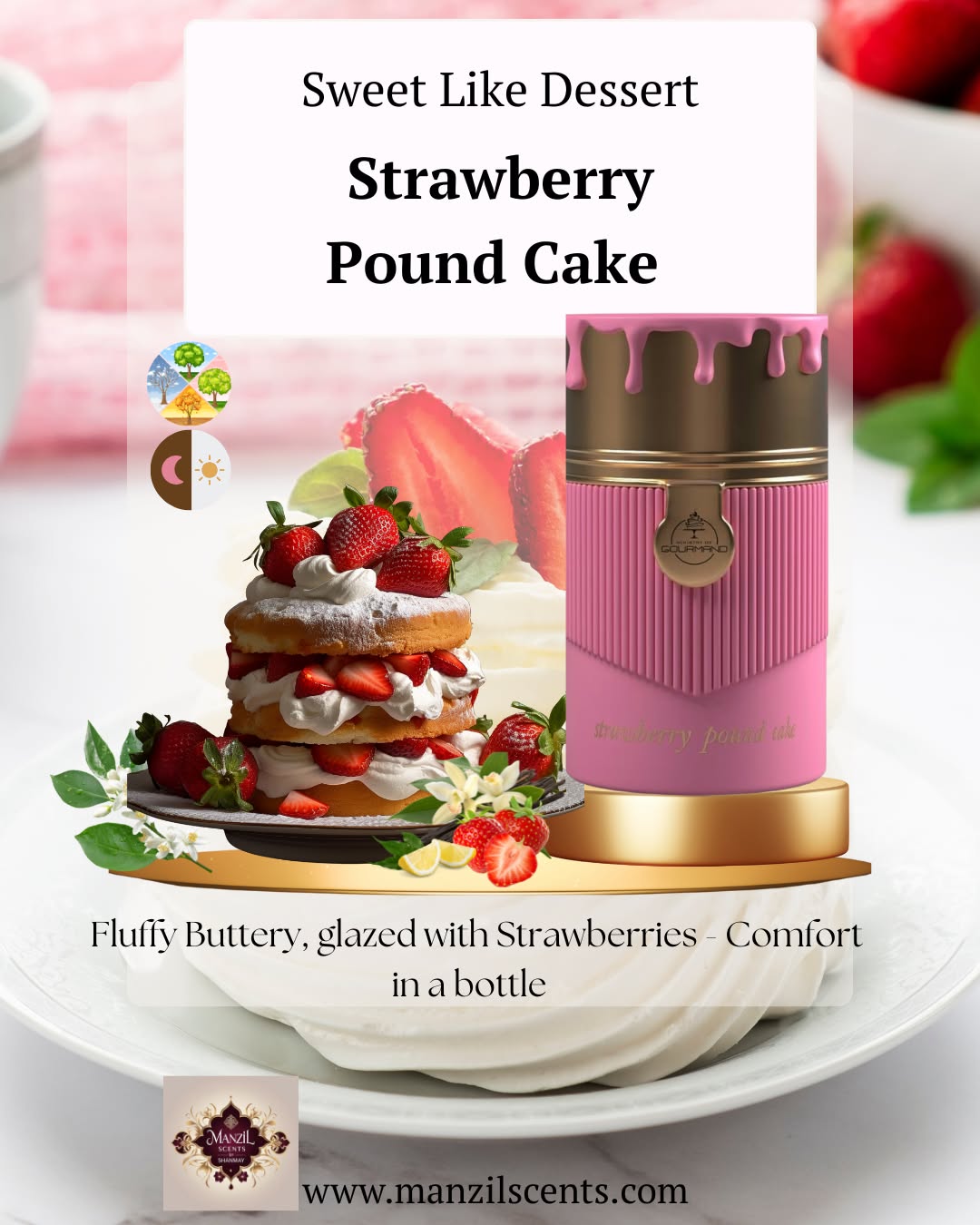 Fluffy, Buttery, Glazed with Strawberries - Strawberry Pound Cake 100ml Perfume by Paris Corner
Strawberry Pound Cake is comfort in a bottle. Perfect for Cosy Days or Date NIghts.
Whats your Dessert inspired Scent?
#StrawberryScent #SweetLikeStrawberry #GourmandPerfume #DessertPerfume #PerfumeLovers #LuxuryPerfume #ManzilScents