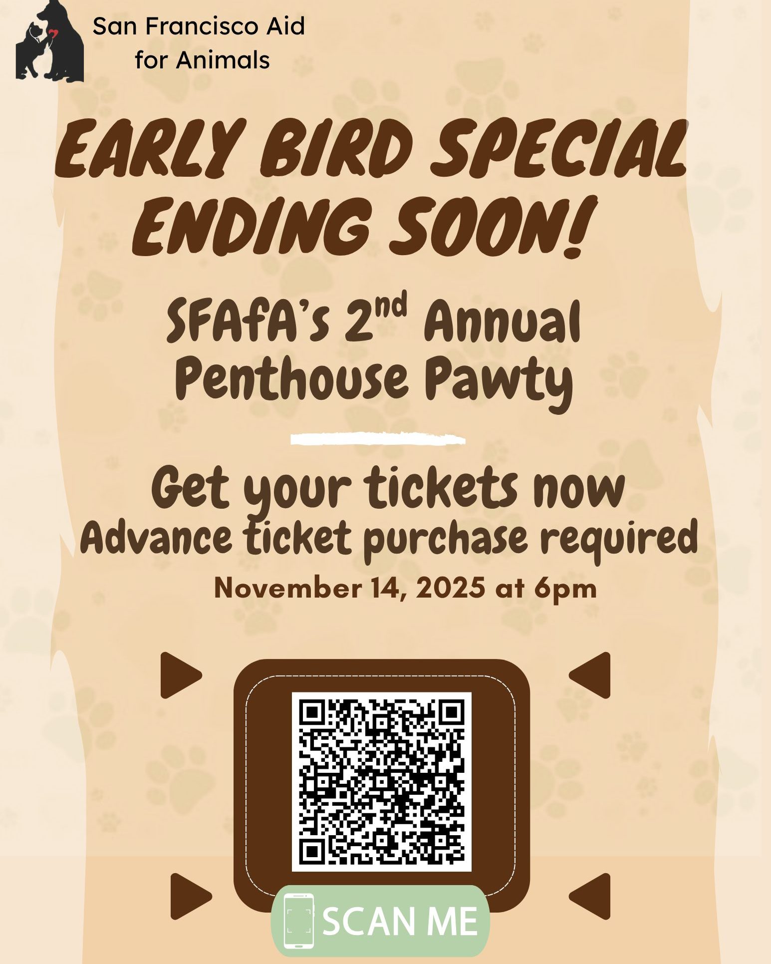 🚨 Early bird pricing is flying away soon! 🐦✨
Don’t wait — grab your Penthouse Pawty tickets now and save before prices go up. 🎟️🐾
👉 Snag your spot today → https://www.sfafa.org/event-details/sfafa-penthouse-pawty-event or scan our QR code above
