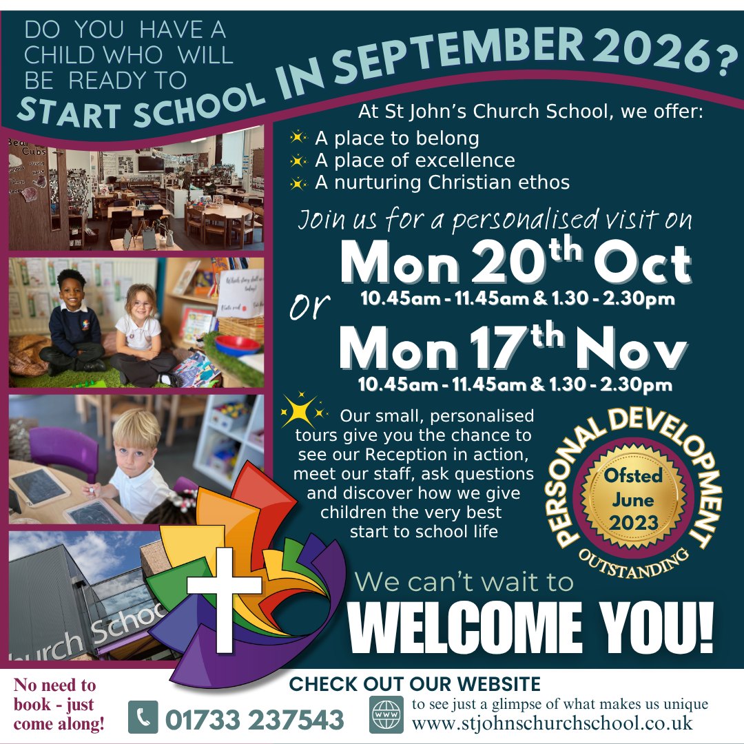 🎉 Save the date!
We can't wait to welcome all our future families - join us for a personalised visit and discover how we give children the very best start to school life!
🌟 MONDAY 20th OCT 10.45am - 11.45am and 1.30pm - 2.30pm
or
🌟 MONDAY 17th NOV 10.45am - 11.45am and 1.30pm - 2.30pm
.
.
.
#reception2026 #startingschool2026 #EarlyYearsEducation #primaryschoolsinpeterborough #admission2026 #stjohns
