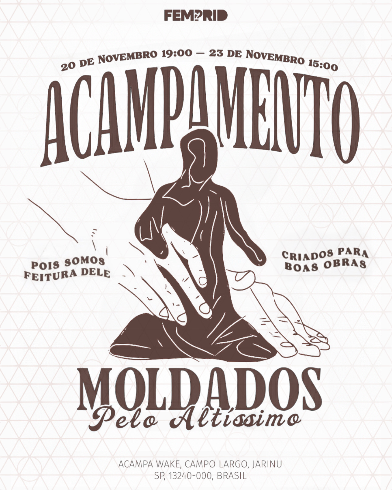 🏕️ BORA PRA MAIS UM ACAMPA? 🔥
Galera, prepara a mochila porque vem aí o ACAMPAMENTO MOLDADOS PELO ALTÍSSIMO! 🙌
📅 20 de novembro (19h) até 23 de novembro (15h)
📍 Acampa Wake, Campo Largo, Jarinu/SP
Porque somos FEITURA DELE, criados pra BOAS OBRAS! 💪✨
Vai ser aquele momento pra:
✨ Renovar a fé
🤝 Fortalecer as amizades
🎶 Louvar muito
🔥 Viver experiências que vão marcar
Não fica de fora dessa! Garante tua vaga e vem com a gente!
Mais infos: Link na Bio!
#FEMPRID #IPB #UMP #Acampamento2025 #MoldadosPeloAltissimo #FéEObra #JuventudeCristã #Acampa