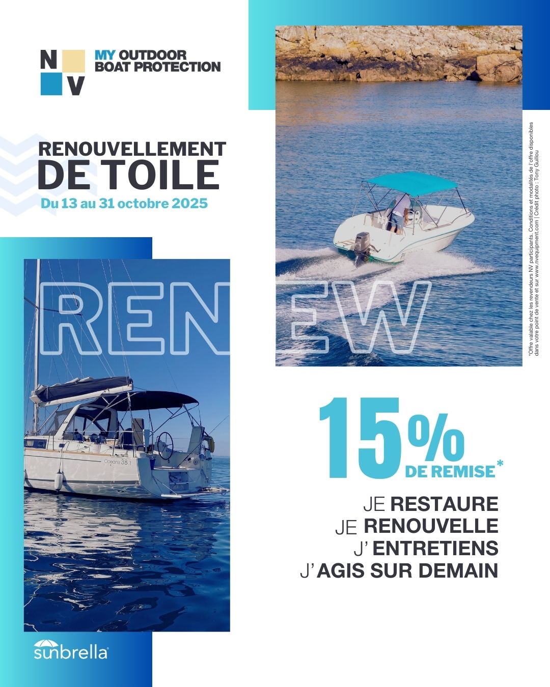 🧵 Promo d’automne chez NV Equipment 🍂
••
Du 13 au 31 octobre, profitez de -15% sur le renouvellement de vos toiles !
Tauds, capotes, biminis, protections… c’est le moment idéal pour redonner un coup de neuf à vos équipements NV Equipment avant la prochaine saison ☀️⛵
👉 Offre valable pour toute commande passée avant le 31 octobre.
Ne laissez pas passer cette belle occasion d’allier confort, esthétique et protection à bord !
••
••
#NVEequipment #Nautisme #ToilesMarines #PromoNautique #Voilier #Bateau #PSLGreement #Sailinglifestyle #Voile #EquipementBateau #EntretienBateau #Croisière #SailingLife