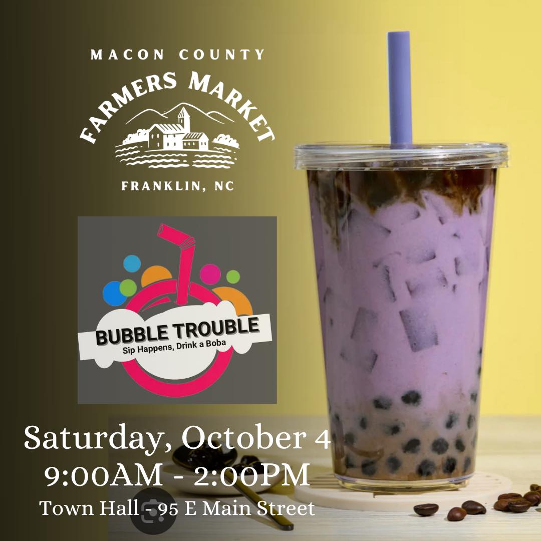 This Saturday, Bubble Trouble will be serving up authentic Boba Tea at the farmers market. With signature flavors like Coffee, Strawberry, Mango, Macha & Taro, this refreshing specialty is a must-try!🧋😎🙌
.
.
.
#farmersmarketfranklinnc #wncfarmtotable #appalachianproduce #appalachianfarm #maconcountyfarmersmarket #franklinncchamber #franklinnc #franklinncfarmersmarket #experiencefranklinnc