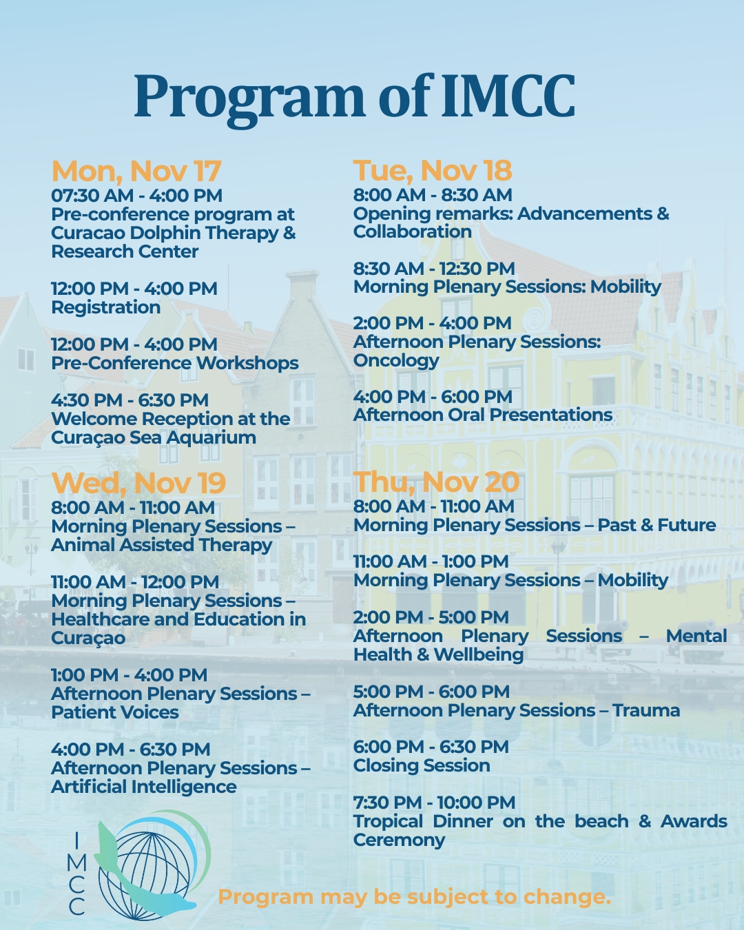 📅 Have you checked out the IMCC 2025 program yet?
From mobility & oncology to AI, mental health, and patient voices — it’s 4 days packed with knowledge, connection and inspiration in Curaçao! 🌴
👉 Explore the full program: medconferencecuracao.com/schedule
(Program subject to change)
*
*
*
*
#RehabilitationSience #physicaltherapy #occupationaltherapy #speech #therapy #psychology #trauma #research #future #healthcare #ICF #DAT
#IMCC2025 #IMCC #IMCCuracao #internationalmedicalconferencecuracao #medicalconferencecuracao #medconferencecuracao #medicalconference #medicalevents #medicaleducation #medicalinnovation #HealthTech #MedicalProfessionals #MedicalCommunity #MedicalResearch
@dolphintherapycuracao @kiki.kuhnert @dolphinsuitescuracao @curacaowellnessassociation @cinexcur @drolaf2023 @curacao_medical_center @misterieowcs @canchildcentre @rehakind_e.v @guardiangroupdc @labdemed @mambobeachblvd @adc_nv @timmyandfriendsorg @green.nexa @royalseaquariumresort @klm @casino.aqua @mcbcuracao @stmartinusuniversity @avalonuniversity
@cmusom