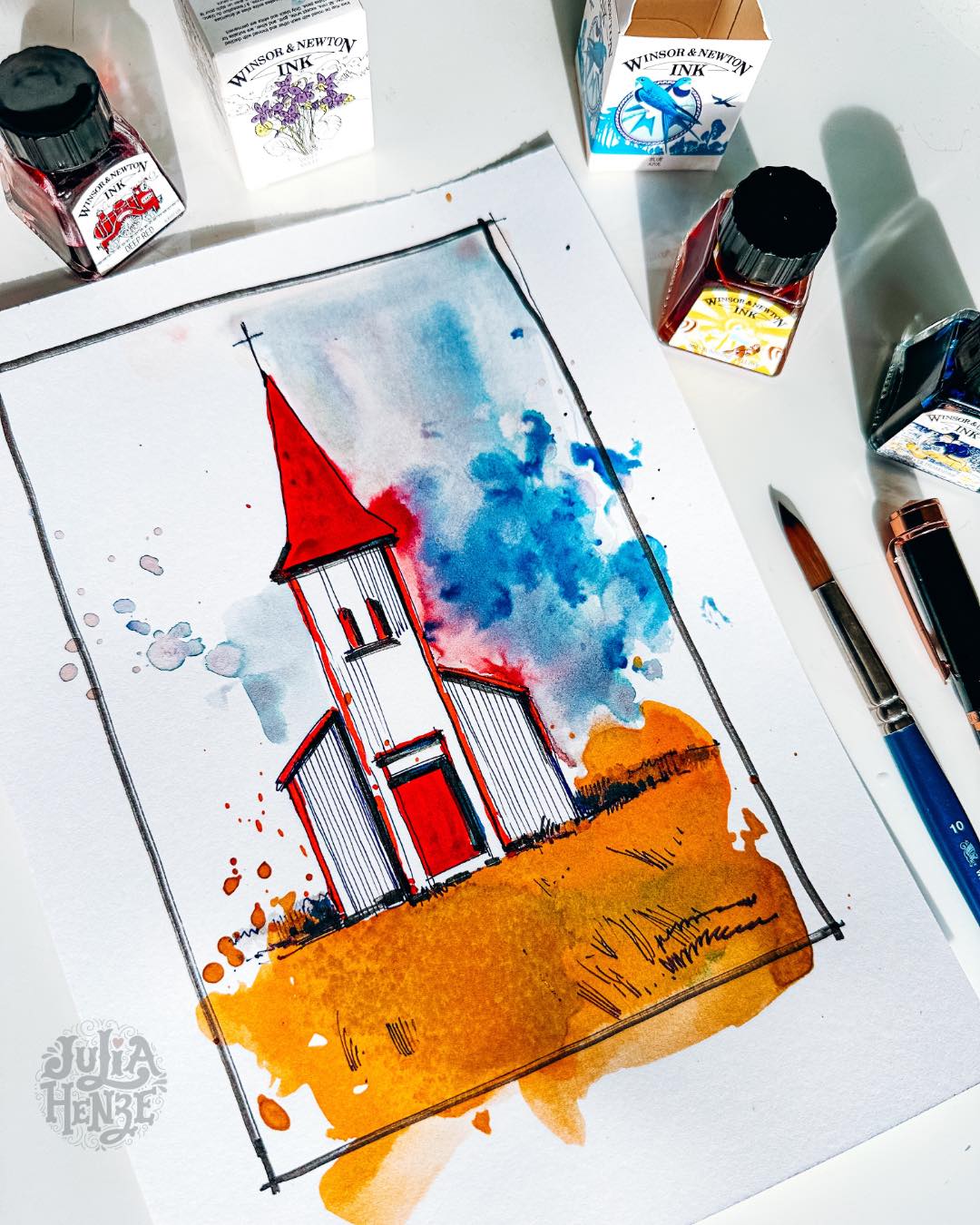 INKTOBER | First sketch! 🖤
Every time I pick up a material I haven’t used for a while, it feels like a little rediscovery. How did I use it before and do I want to do it the same again, or try something new?
And then there’s that other question I usually ask myself: “How do I feel right now… and what does my inner child want most?”
The answer is almost always the same: she wants to play. She wants to splash some color, experiment, and see what happens. What she doesn’t want is overthinking, doubting, or being afraid to fail.
So this time, the little voice inside said: “Let’s play!” And we even made a deal: “If it doesn’t work out, we just won’t show it to anyone.” 😉
And guess what? It was so much fun that I ended up making several sketches with this technique… eeeh… nope, I’m not going to show them all at once, of course! 😅
I believe that the best sketches happen when you stop trying so hard and just let yourself enjoy the process.
❓What do you think?
👉 And if you need a little extra inspiration for the Inktober challenge, don’t forget you can still download my FREE PDF with 31 reference photos to sketch from this month. 🔗 Link in bio!
#juliahenze_inktober #inktober #inktober2025 #coloredinksketch #ink #urbansketching #urbansketch #sketcheveryday #winsorandnewtonink #sketchingchallenge #inktoberfirstsketch #innerchildart #creativeplay #watercolorsketch #sketcheverydaychallenge #urbansketchers #artpractice #sketchingfun #creativejourney #bravebrushes @winsorandnewton