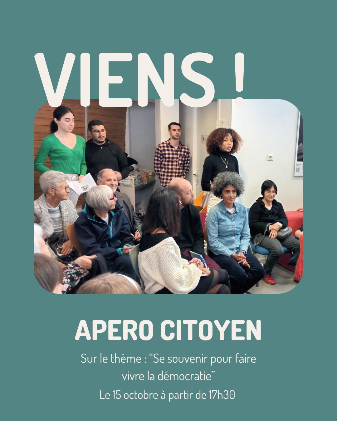📢 APÉRO CITOYEN
🗓 Le 15 octobre à partir de 17h30
📍 À la Maison de l’Europe des Landes Wipsee, 5 Rue de Lesbordes, 40465 Pontonx-sur-l'Adour
Thème :
✨ "Se souvenir pour faire vivre les démocraties"
POURQUOI ?
Partager des anecdotes
Découvrir et mieux comprendre ce qui nous rassemble
Échanger sur nos sujets d’actualités
Vivre une expérience personnelle et collective incroyable
POUR QUI ?
👥 Ouvert à toutes et à tous !
📧 Contact et inscriptions :
heloiseadnet.wipsee@gmail.com
📱 07 60 53 15 50
#AperoCitoyen #DémocratieVivante #MémoireCollective #Europe #MaisonDeLEurope #Pontonnx #Citoyenneté #Participation #VivreEnsemble #Solidarité