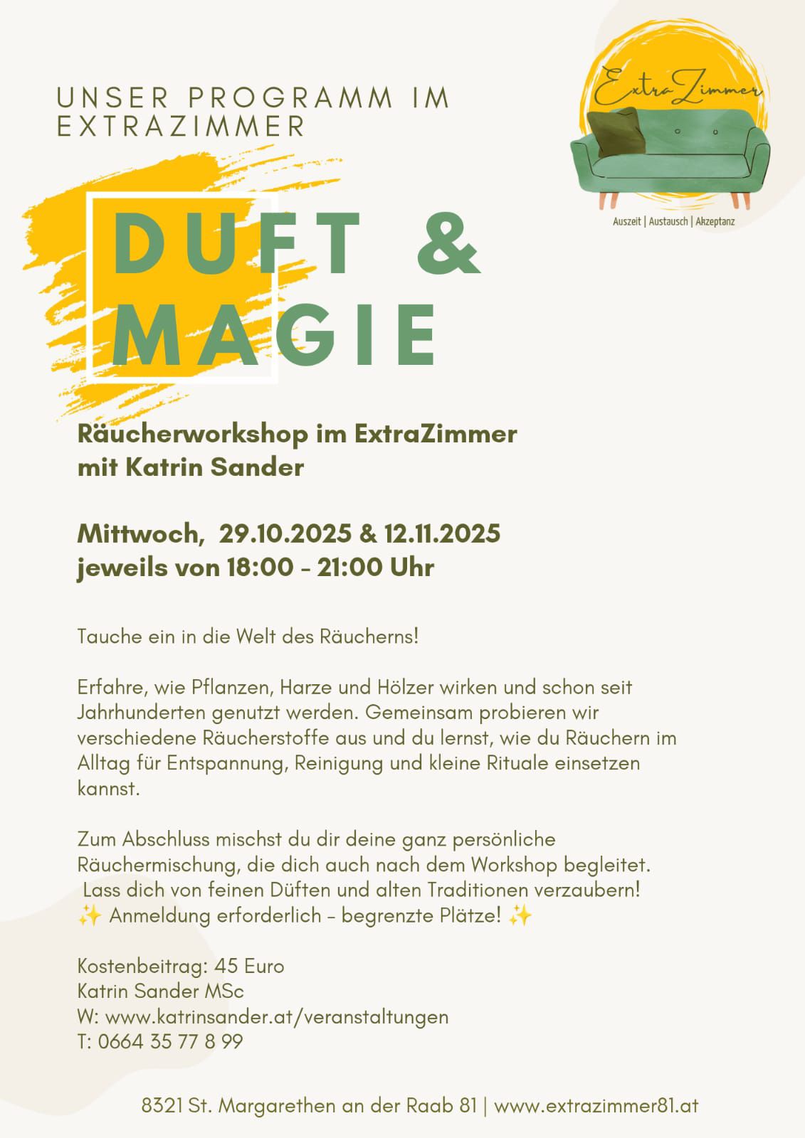 Für viele beginnt nun wieder die Räucherzeit!
In diesem Wokshop lernen wir verschiedene Räucher- und Duftstoffe kennen und zum Abschluss mixt du deine eigene Mischung zum Mitnehmen . ✨️