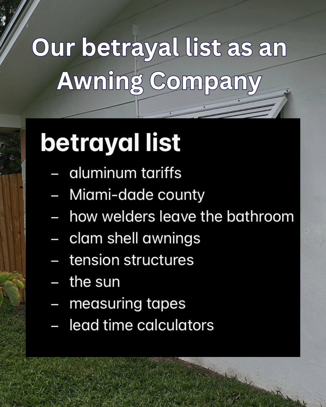 Weโve all been betrayed beforeโฆ but your awning doesnโt have to be one of them. ๐
#TheBetrayalList #BetrayalTrend #RelatableReels #HomeownerHumor #SummerFails #BeforeAndAfter #TransformationReel #HomeGlowUp #AwningFails #RenovationReality #TampaBayHomes #TampaBayLiving #FloridaHomes #TampaBayStyle #GulfCoastLiving #TampaBusiness #SupportLocalTampa #TampaBayLife #FloridaOutdoorLiving #AwningReplacement #AwningRepair #OutdoorShade #CustomAwnings #PatioGoals #SunProtection #HomeUpgrade #CurbAppeal #OutdoorComfort #TampaBayAwning