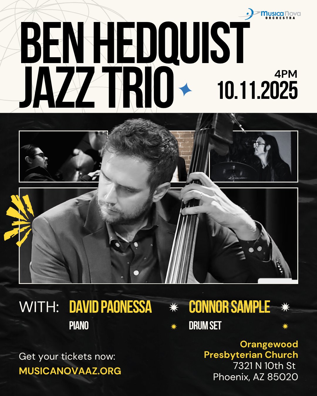 Last chance to get your tickets! Link in bio for tickets. Ben Hedquist on bass, David Paonessa on keys, and Connor Sample on drums bring you a new refresher on classics.
Join us today at Orangewood Presbyterian Church at 4:00 PM! Get your tickets at musicanovaaz.org.
#musicanovaorchestra #LiveMusic #ClassicalMusic #phoenix #jazz