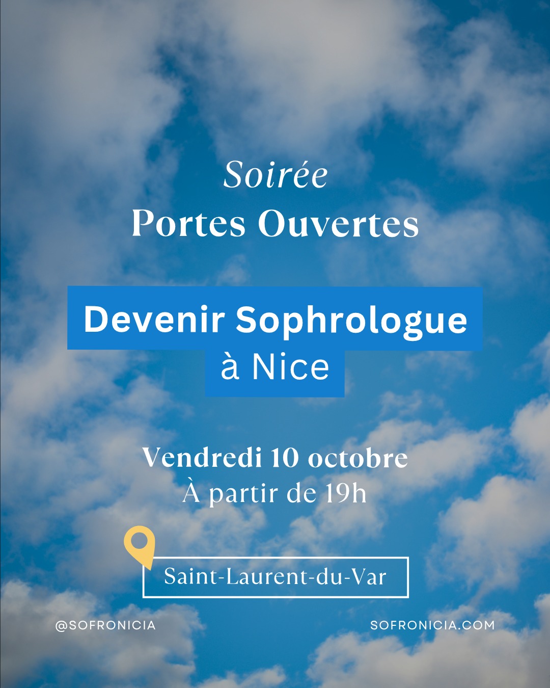 Portes ouvertes Sofronicia – Vendredi 10 octobre à 19h
Envie de découvrir la sophrologie et notre formation certifiante pour devenir sophrologue à Nice ?
Nous vous accueillons à l’école Sofronicia, à Saint-Laurent-du-Var, pour une soirée portes ouvertes conviviale et inspirante.
👉 Au programme :
- Rencontrez l’équipe pédagogique : formateurs passionnés et expérimentés
- Découvrez la formation et ses méthodes
- Posez toutes vos questions sur le métier de sophrologue et le parcours d’étude
- Inscrivez-vous sur place à la rentrée en formule semaine qui démarre en novembre
📅 Vendredi 10 octobre
🕖 À partir de 19h
📍 Sofronicia, 40 boulevard Jean Ossola, Saint-Laurent-du-Var
💬 Événement gratuit – sur inscription
🎓 Ne manquez pas cette occasion unique de découvrir une école qui forme les sophrologues de demain.
📩 Inscription obligatoire – places limitées
✉ ecole@sofronicia.com
📞 06 84 70 51 29
🌐 www.sofronicia.com
#sofronicia #sophrologie #formationsophrologie #devenirsophrologue #sophrologienice #sophrologiepaca #sophrologiecaycedienne #formationprofessionnelle #orientation #reconversionprofessionnelle #developpementpersonnel #bienetre