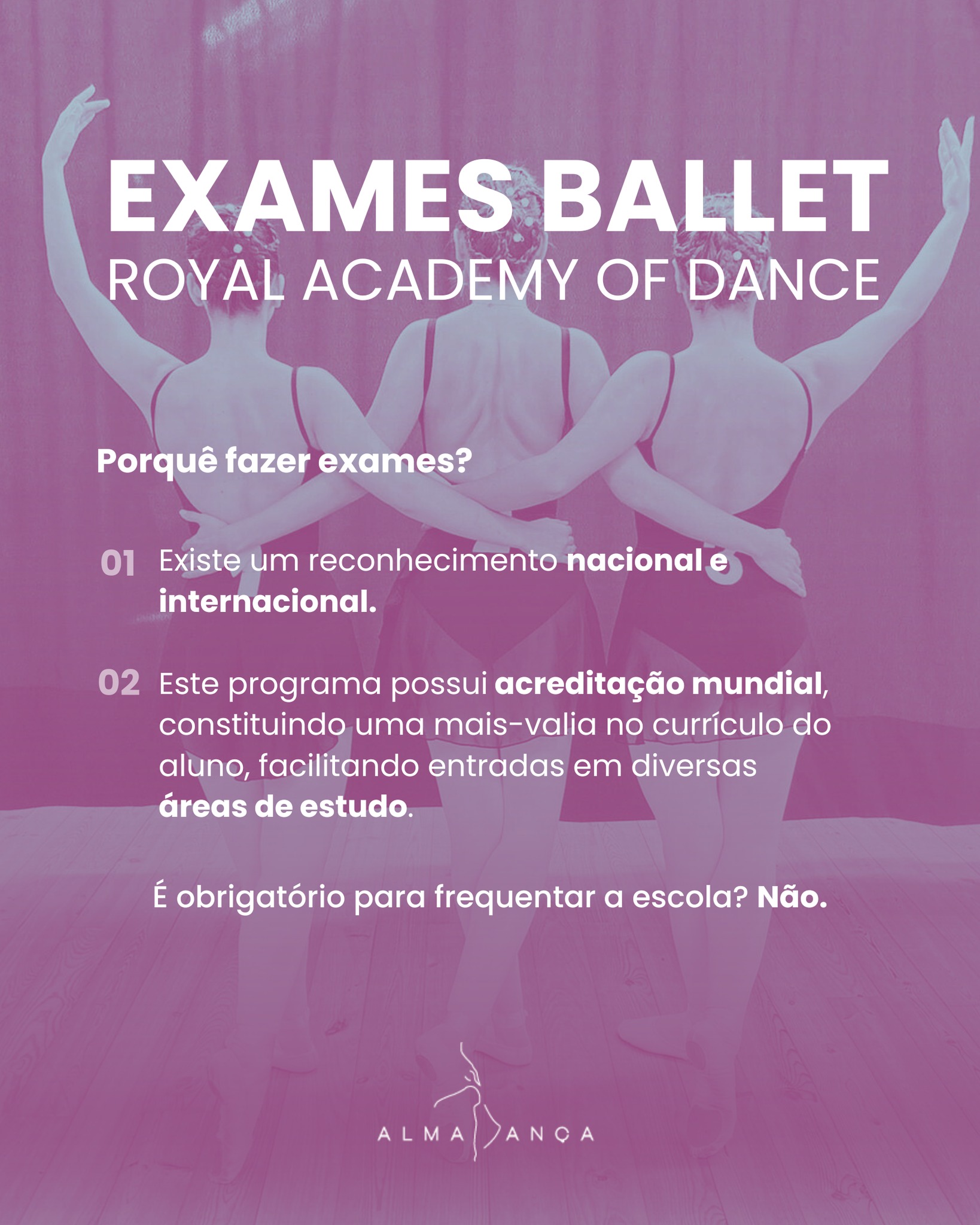 Apesar não ser obrigatório, é uma mais-valia fazer os exames de Ballet credenciados pela Royal Academy of Dance!
Para além de que passar por esse processo, é uma grande aprendizagem que levamos para a vida futura.
Sabem como funciona? Se tiverem curiosidade, enviem-nos uma mensagem 😊🤩
