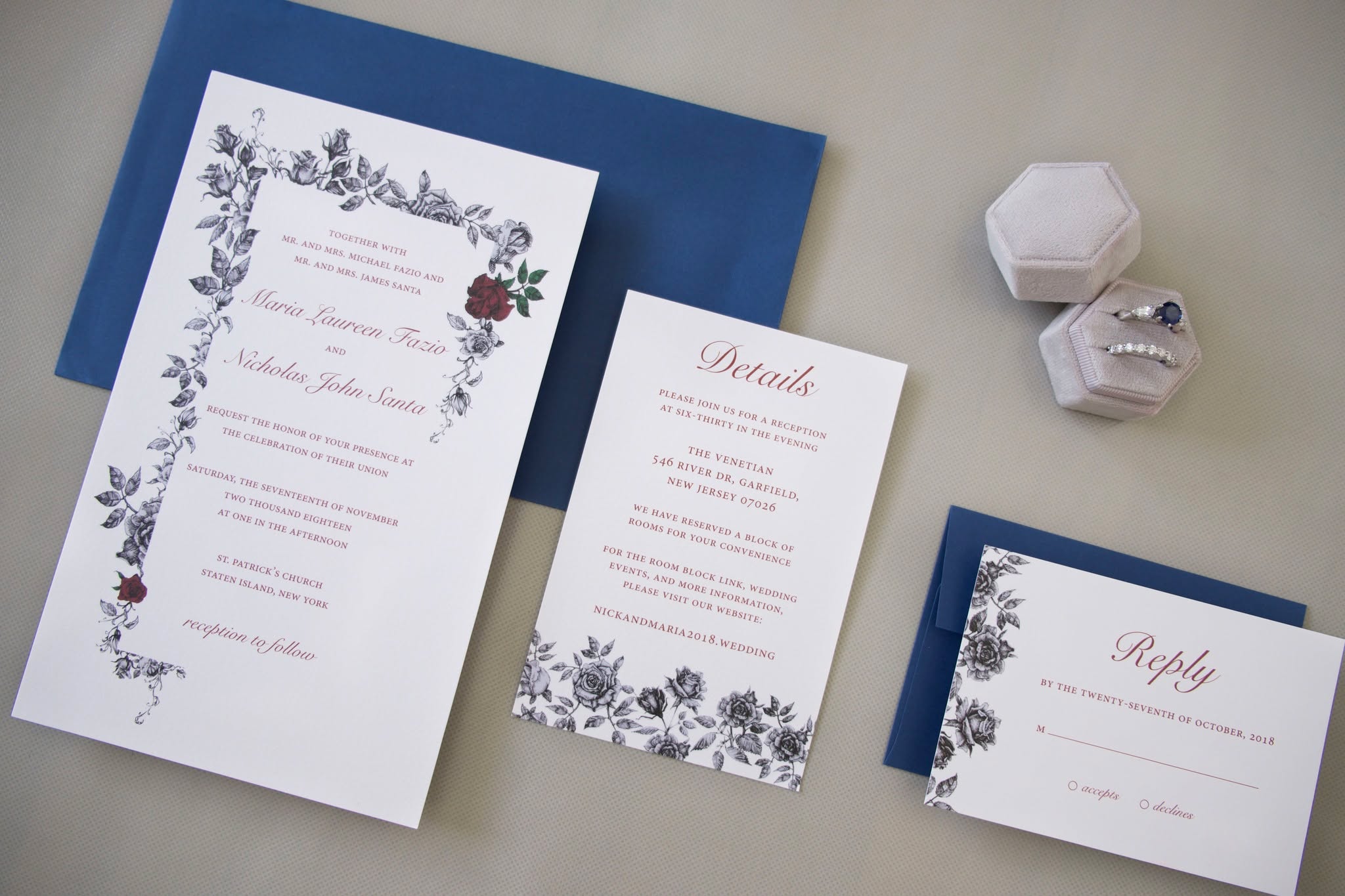 ✨ Elegant details for an unforgettable day ✨
We love how classic florals, deep navy accents, and romantic script come together in this timeless wedding invitation suite. From the delicate rose illustrations to the bold yet refined typography, every detail is designed to celebrate love beautifully. 💍🌹💙
📩 Custom stationery designed to set the tone for your perfect day.
#WeddingInvitations #CustomStationery #ElegantWedding #WeddingSuite #InvitationDesign #WeddingDetails #NavyAndBurgundy #RomanticWedding