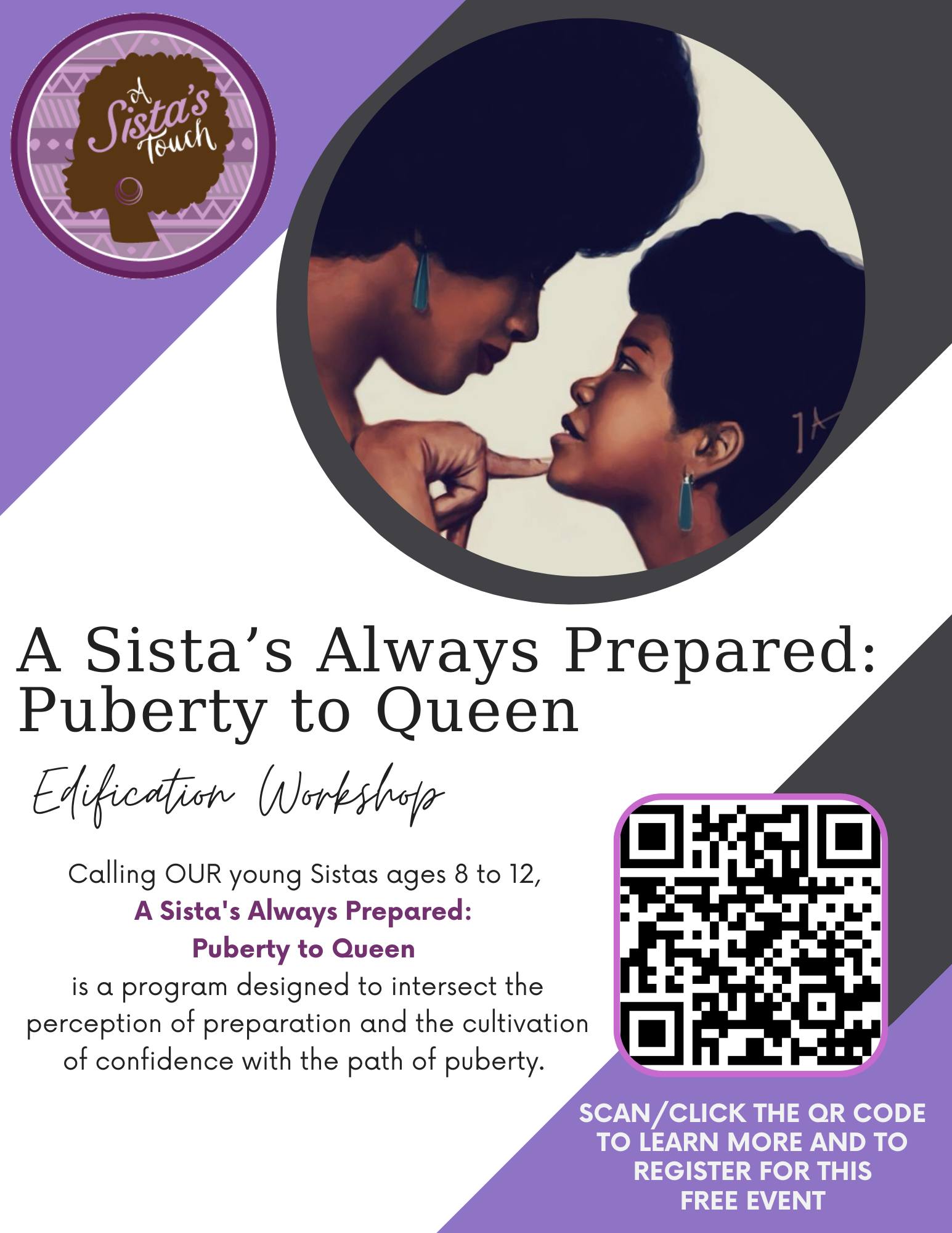 Join us on Sunday, Nov 2nd, for A Sista's Always Prepared: Puberty to Queen, Cohort 12 with Dr. Simms-Mackey, at Kaiser Oakland from 1pm-4pm. Register now for this FREE event!
https://www.asistastouch.org/event-details/asap-pq-cohort-12-with-dr-simms-mackey