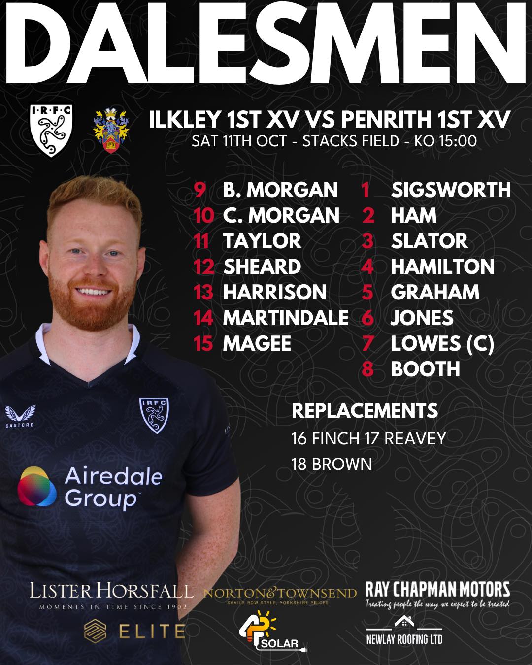 Your Dalesmen for this weekend!
Don't forget to tune in to live commentary of the 1st XV match with Dobby on @drystone_radio online at drystoneradio.com or on 102.5-103fm if you can’t make it to Stack Field.
Saturday 11th October
Ilkley 1st XV vs Penrith 1st XV - Home at Ilkley - League - KO 15:00
Driffield 2nd XV vs Ilkley 2nd XV - Away at Driffield - Friendly - KO 15:00
North Ribb 2nd XV vs Ilkley 3rd XV - Away at North Ribb - League - KO 15:00
#uptheilk #irfc #ilkley #100percentilk #COYD #rugby #ilkleyrugbyclub