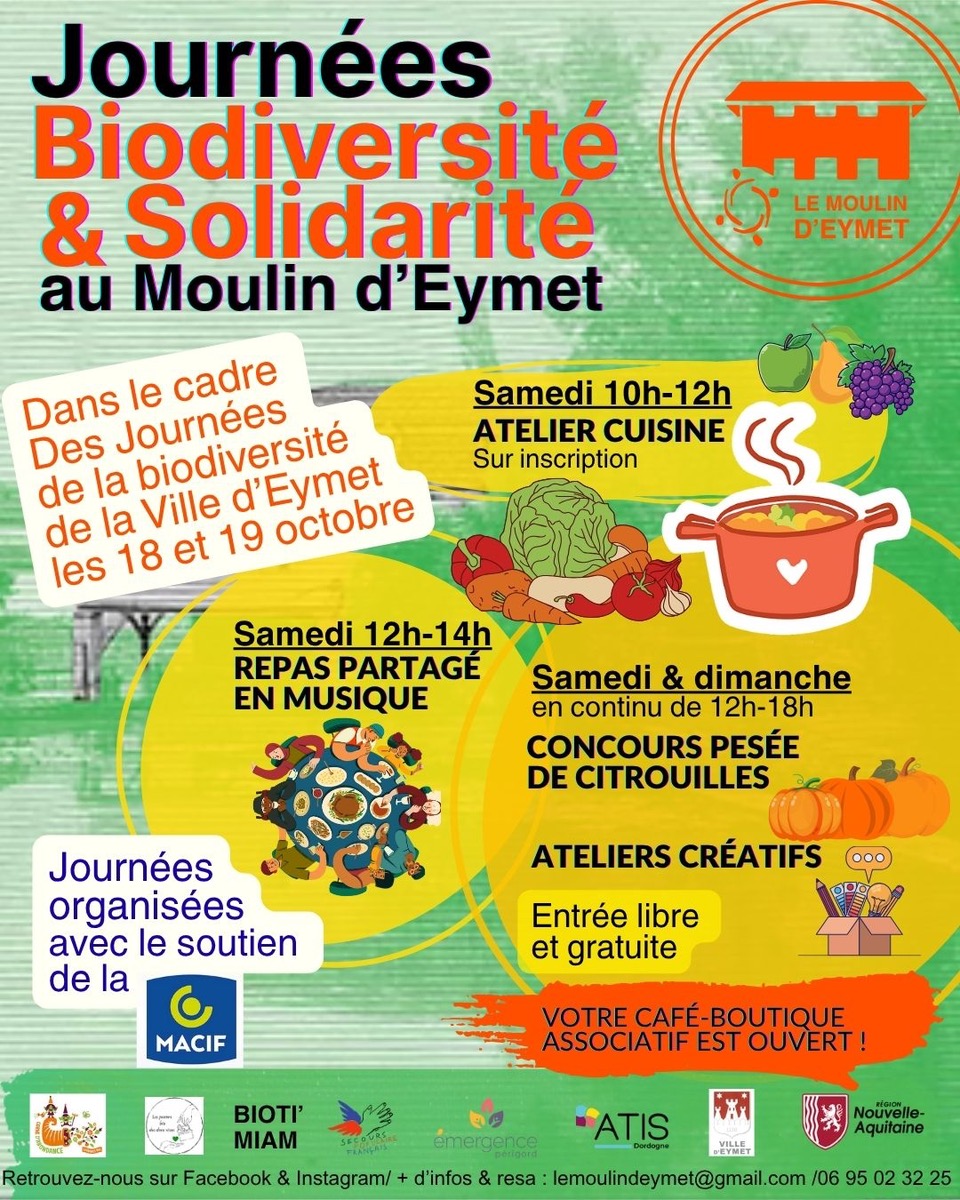 Dans le cadre des JournĂ©es de la biodiversitĂ© organisĂ©es par la ville dâEymet, nous organisons, le samedi entre 10h et 14h, un atelier de cuisine et un repas partagĂ©.
Il y aura Ă©galement plein dâateliers crĂ©atifs, en libre accĂšs tout le week-end, autour de lâalimentation durable et de la biodiversitĂ©.
Notre envie : faire rimer biodiversité et solidarité !