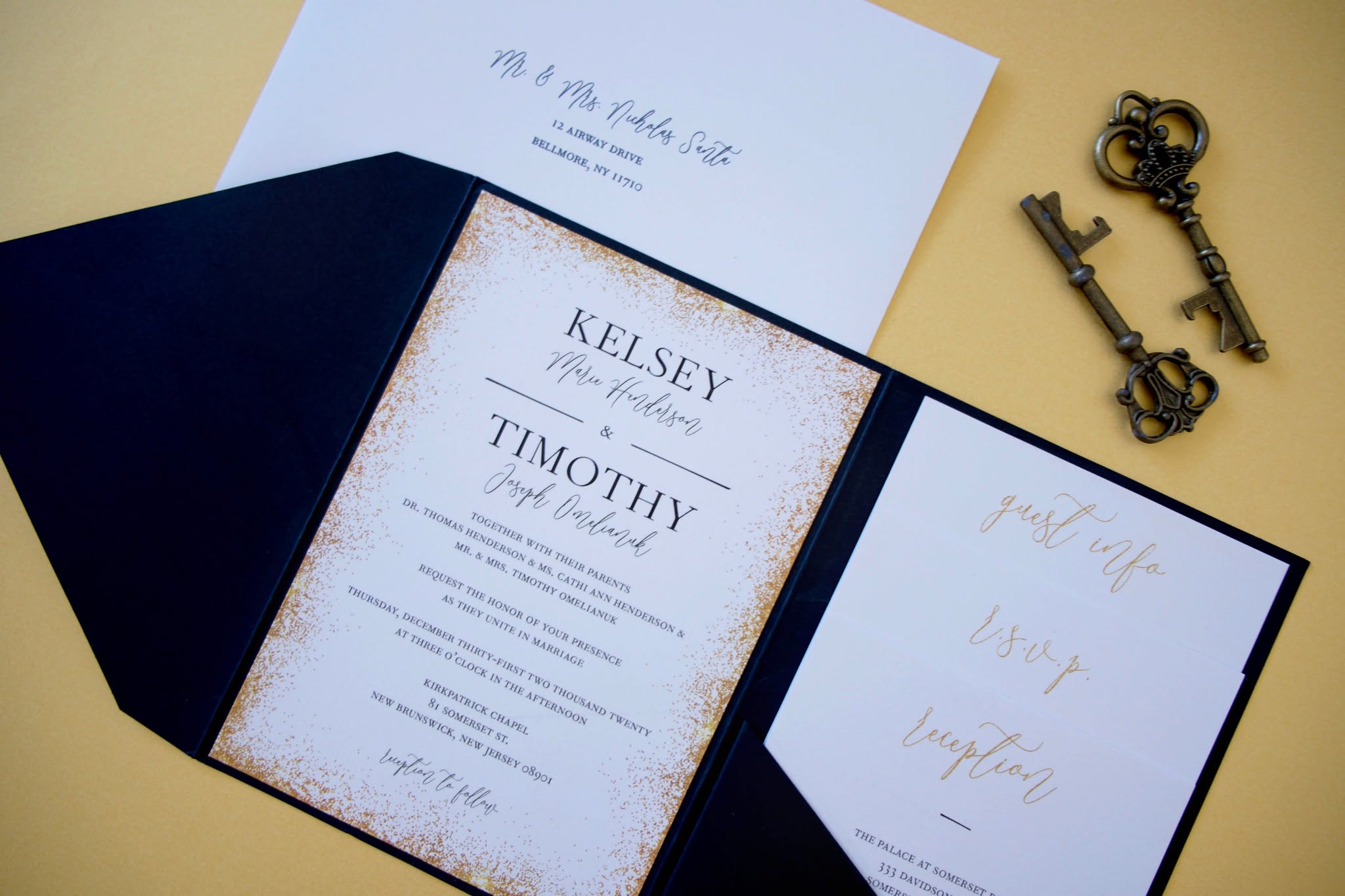 ✨ Elegant. Timeless. Personal. ✨
Celebrate your love story with custom wedding invitations that make a statement from the very first glance.
We loved designing this stunning suite for Kelsey & Timothy — complete with gold-speckled details, delicate script, and a sleek black pocketfold to keep everything perfectly in place. 💌🖋️
From “guest info” to “r.s.v.p.” to “reception,” every detail is designed with intention and love. 💛
📍New Brunswick, NJ
📬 Envelope addressing included
🔑 Bonus: How dreamy are those vintage keys?
Let’s create something unforgettable.
#CustomStationery #WeddingInvitations #ElegantDesign #ModernCalligraphy #LuxuryPaperGoods #GoldFoil #StationeryDesign #WeddingSuite #LoveInTheDetails